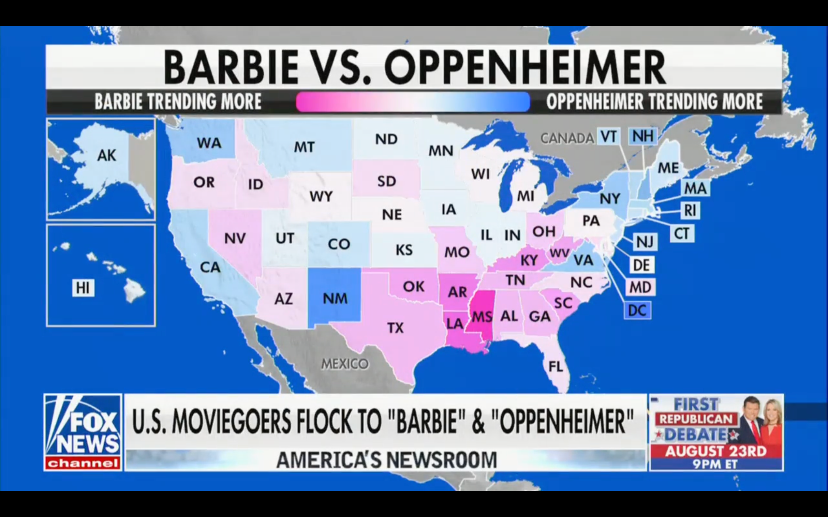 Fox News displayed a map showing that Barbie was trending more in red states