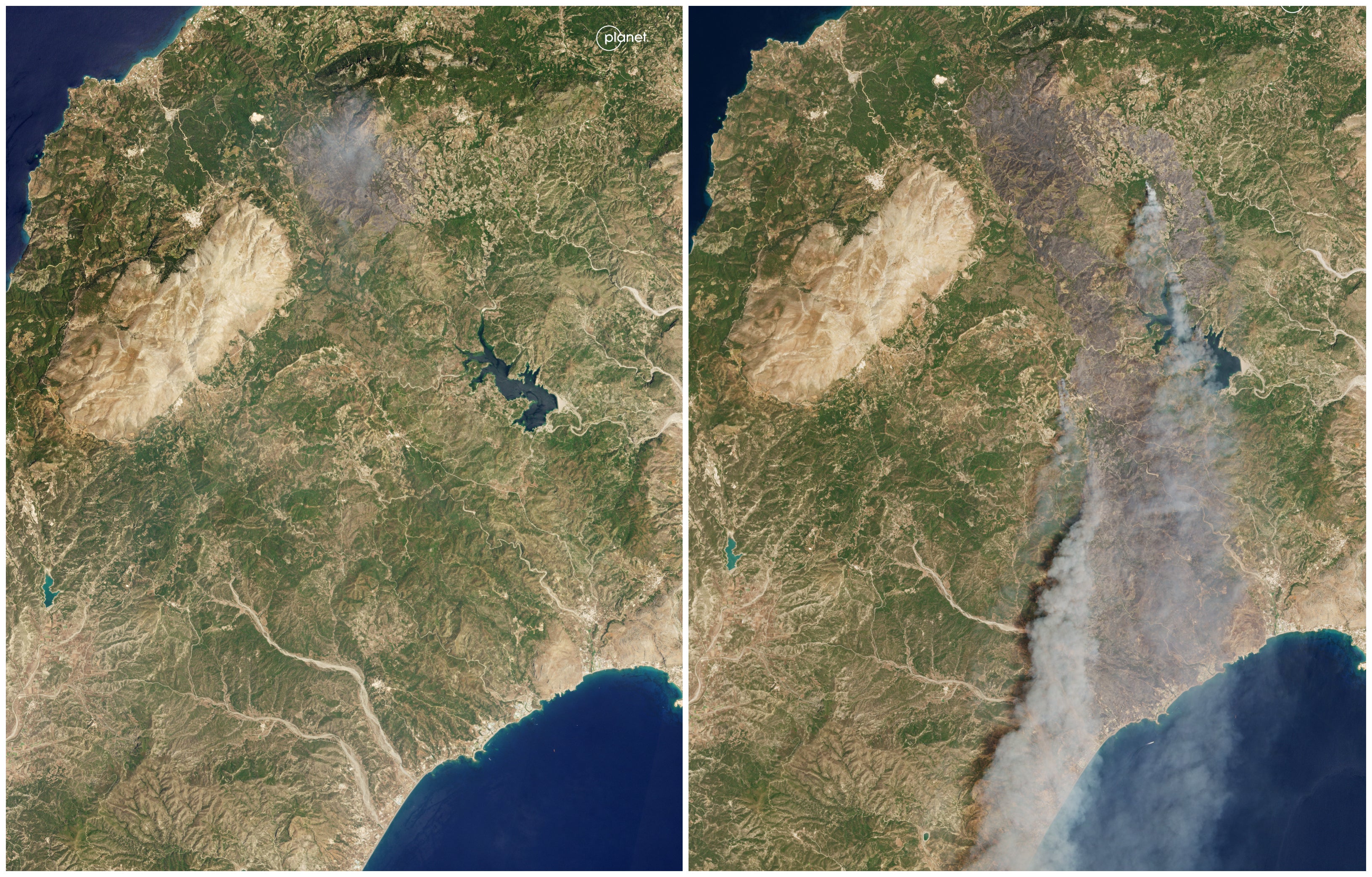 (L) Satellite image from 20 July shows wildfire erupting in Rhodes along with the image taken on 23 July revealing the spread of the fire