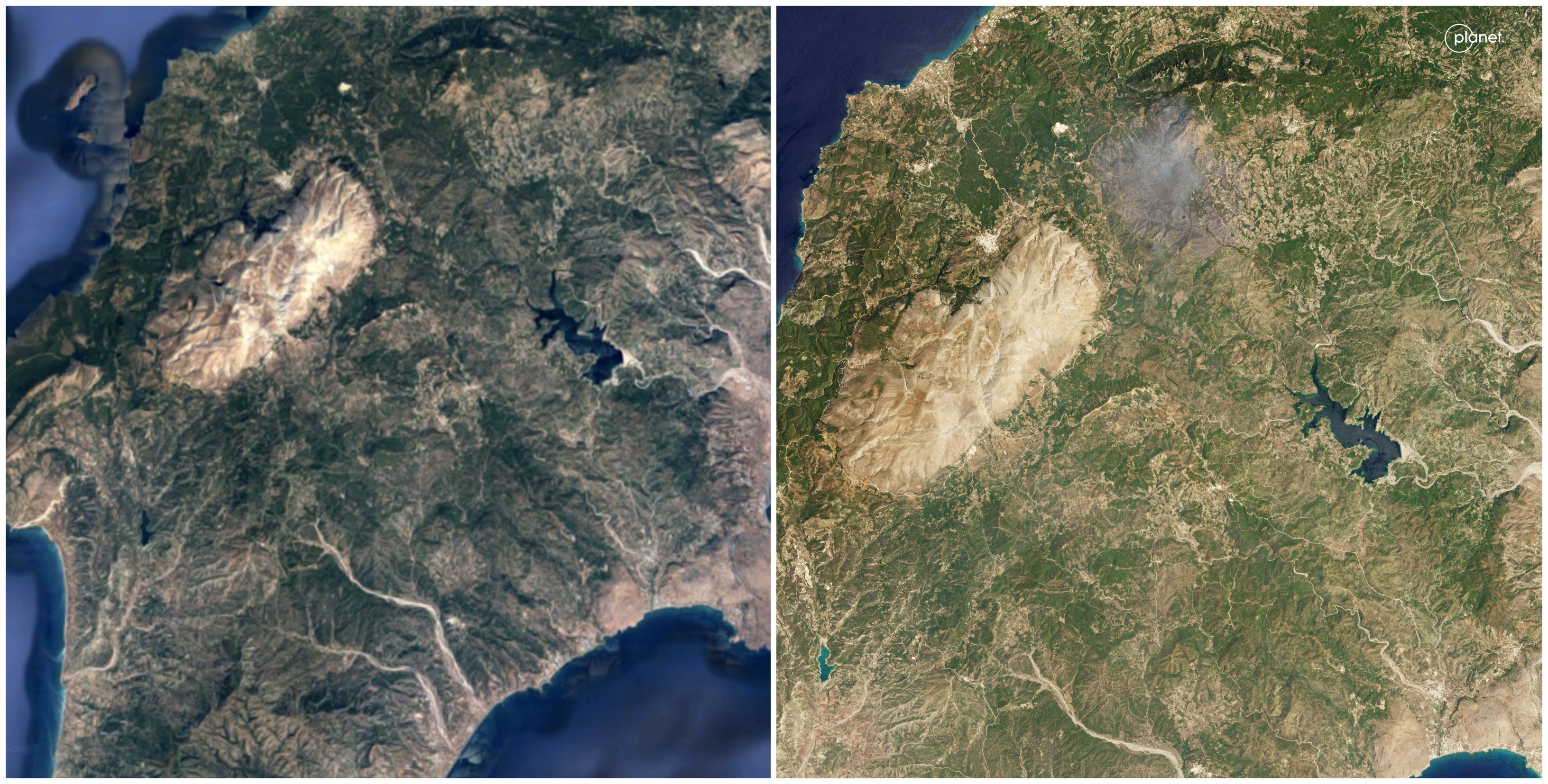 (L) Satellite image of Rhodes island before wildfire erupted along with the image of the tourist island from 20 July once the blaze began to spread