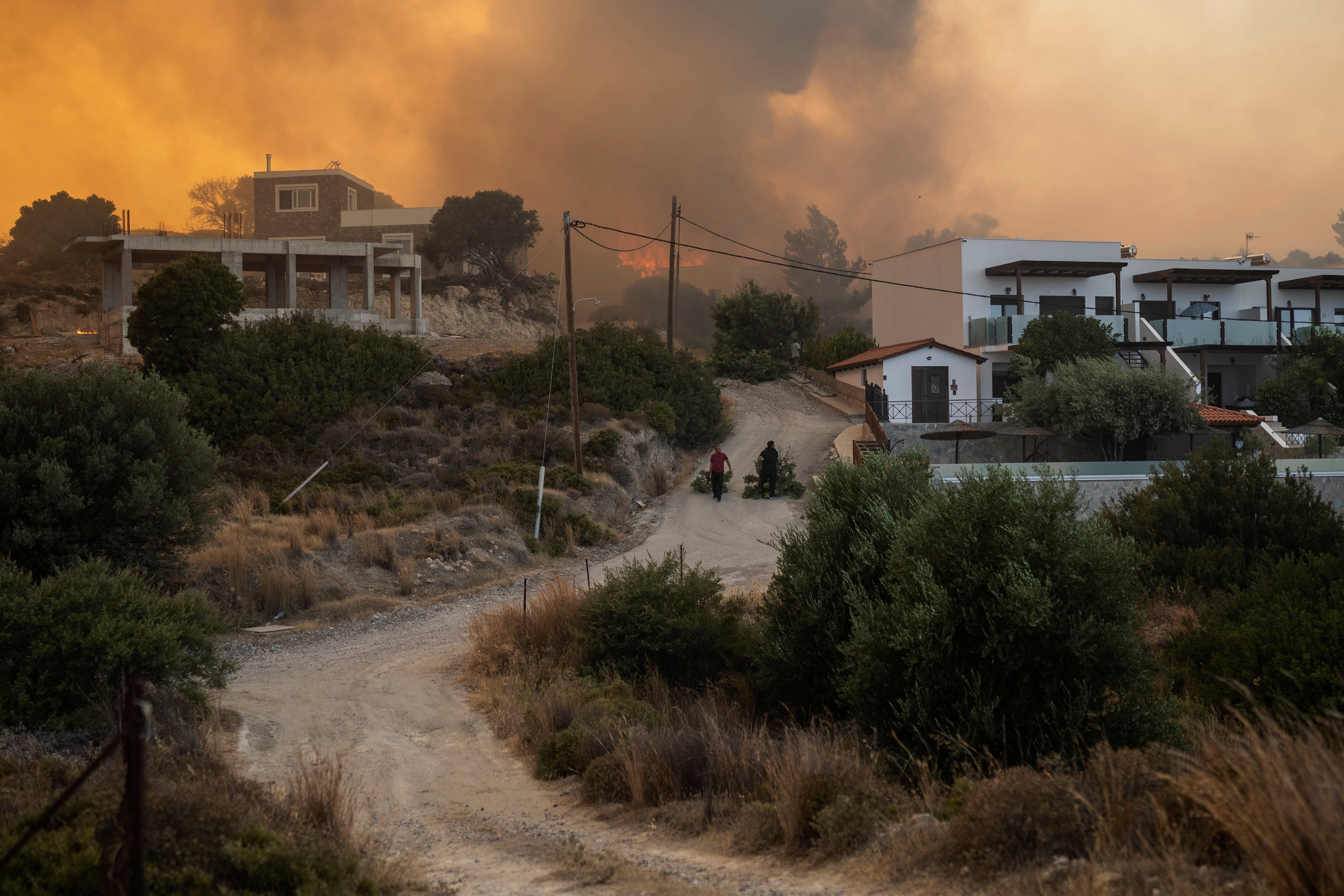 Locals pull tree branches as a wildfire burns in Gennadi village