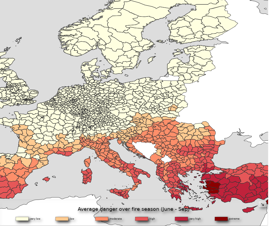 Fire Weather Index map showing the average danger over the fire season - June through till September