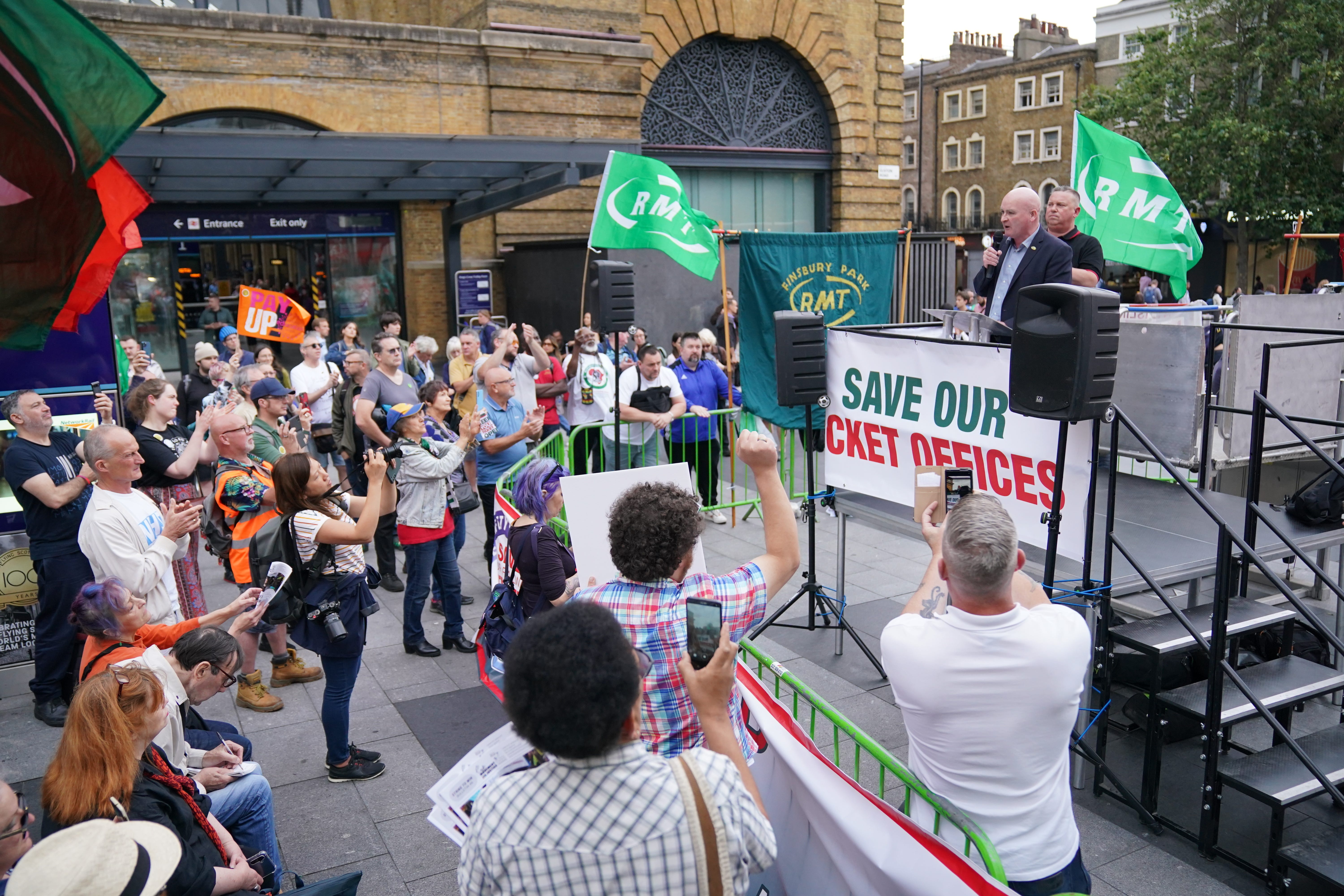 RMT general secretary Mick Lynch speaking at a rally outside King’s Cross station, in London, over planned ticket office closures (Jonathan Brady/PA)