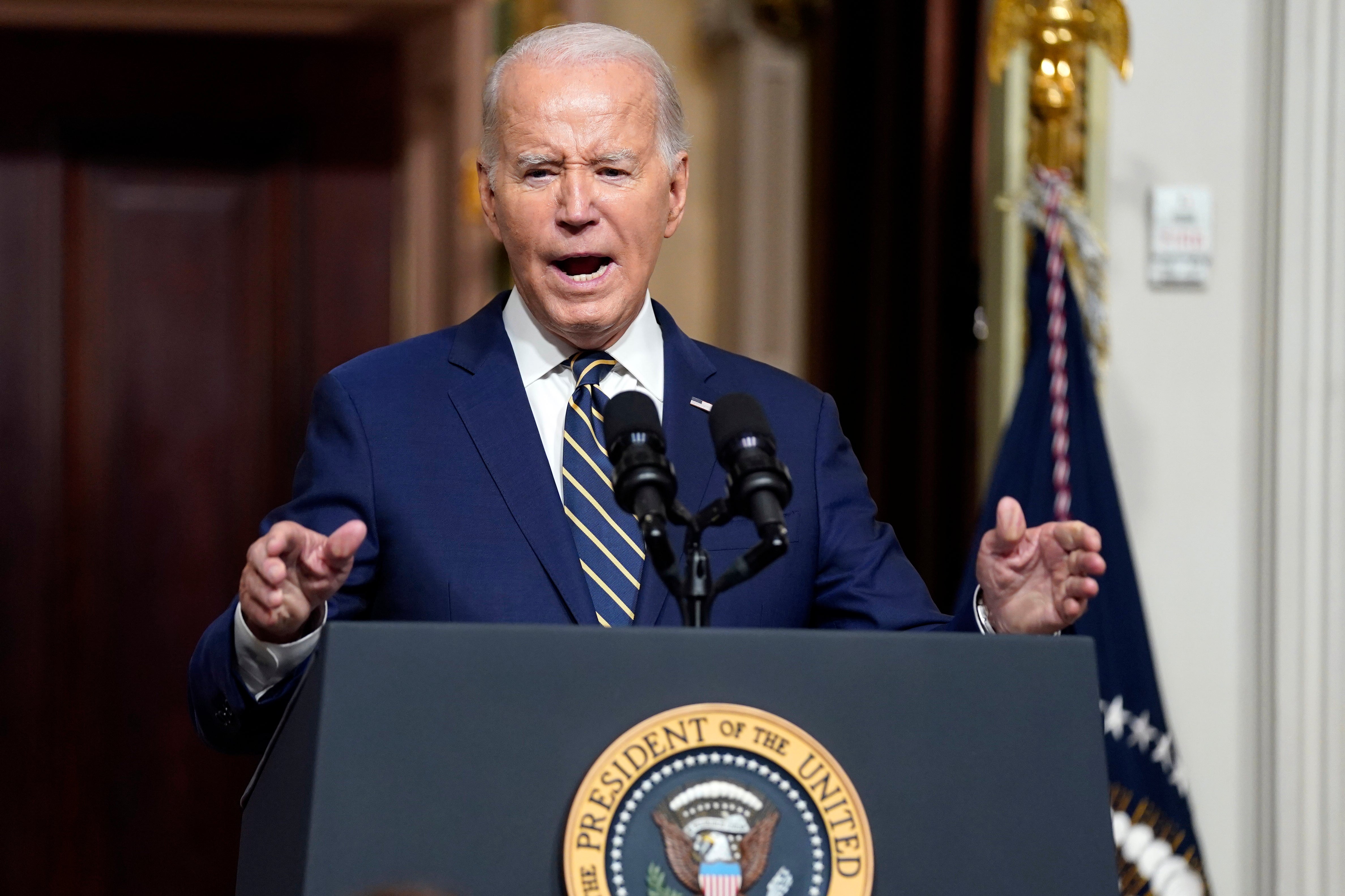 President Joe Biden speaking during an event to establish the Emmett Till and Mamie Till-Mobley National Monument in the Indian Treaty Room of the Eisenhower Executive Office in Washington on July 15 2023