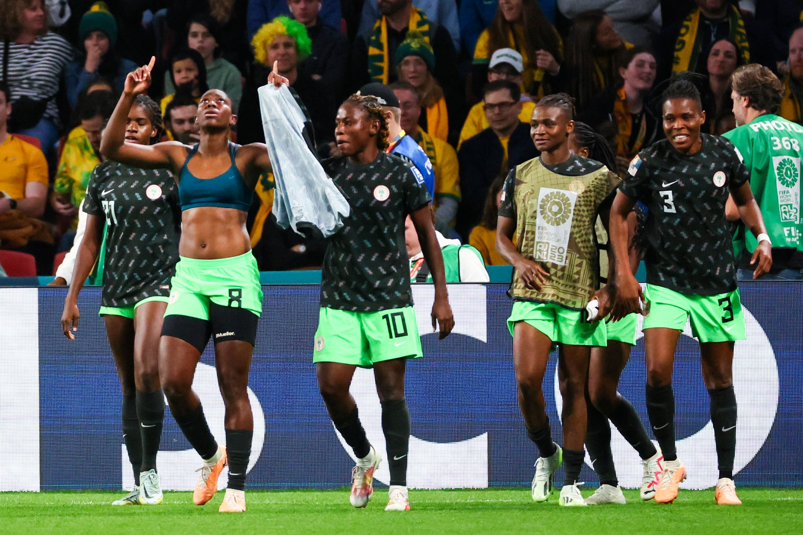 Asisat Oshoala (left) came off the bench to score as Nigeria beat Australia 3-2