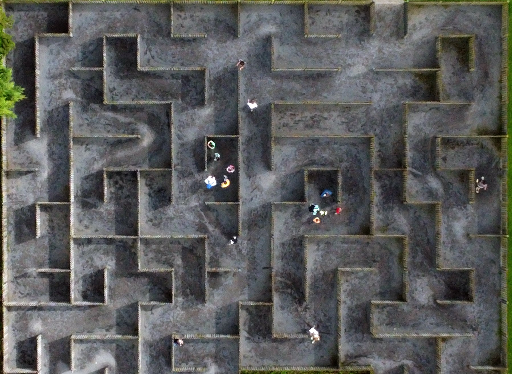 An aerial view of people enjoying the Wooden Maze at Kildare Maze, near Prosperous, Co. Kildare, Ireland