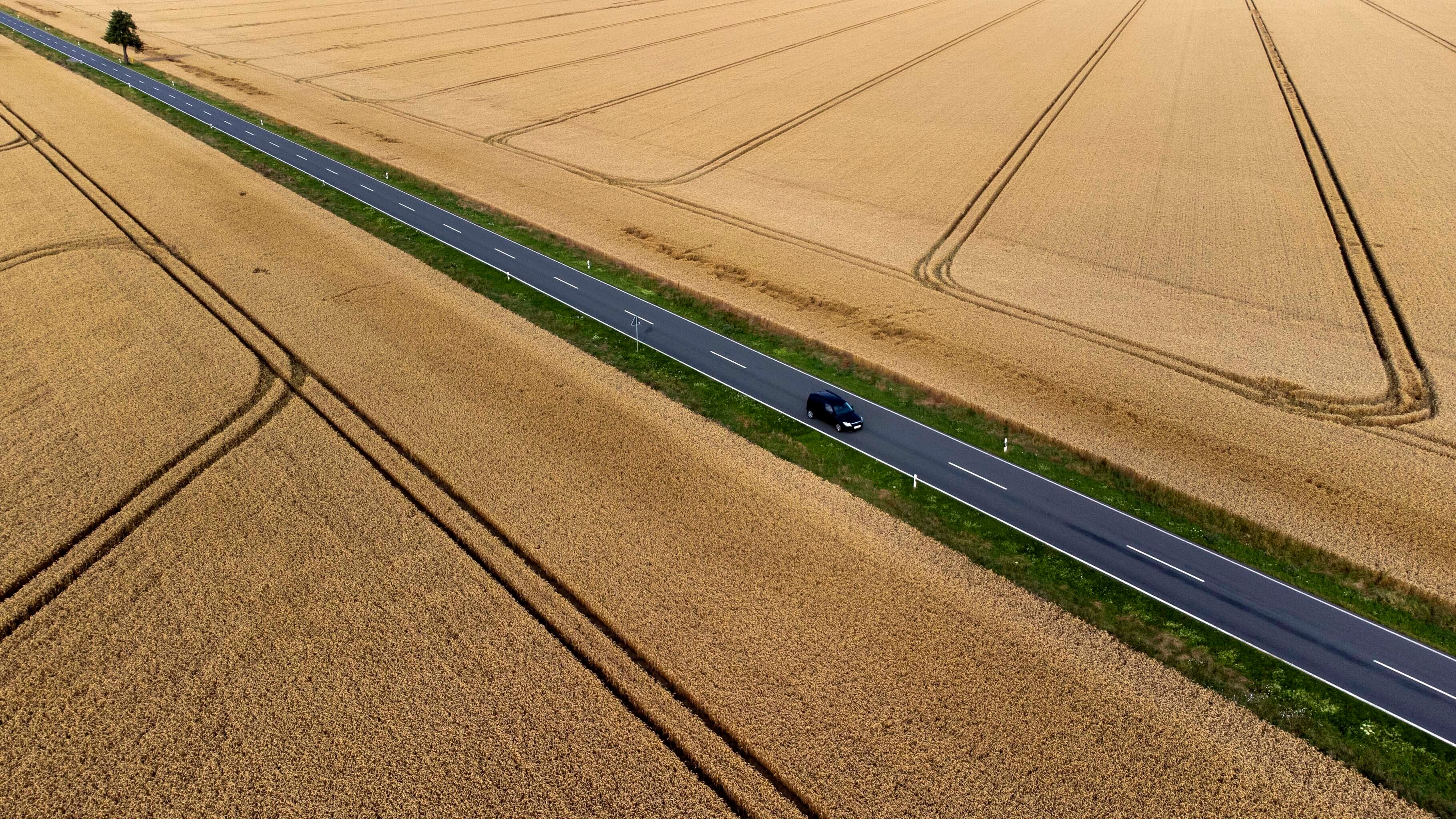 A car passes grain fields at the 'Harz' mountains near Wernigerode, Germany