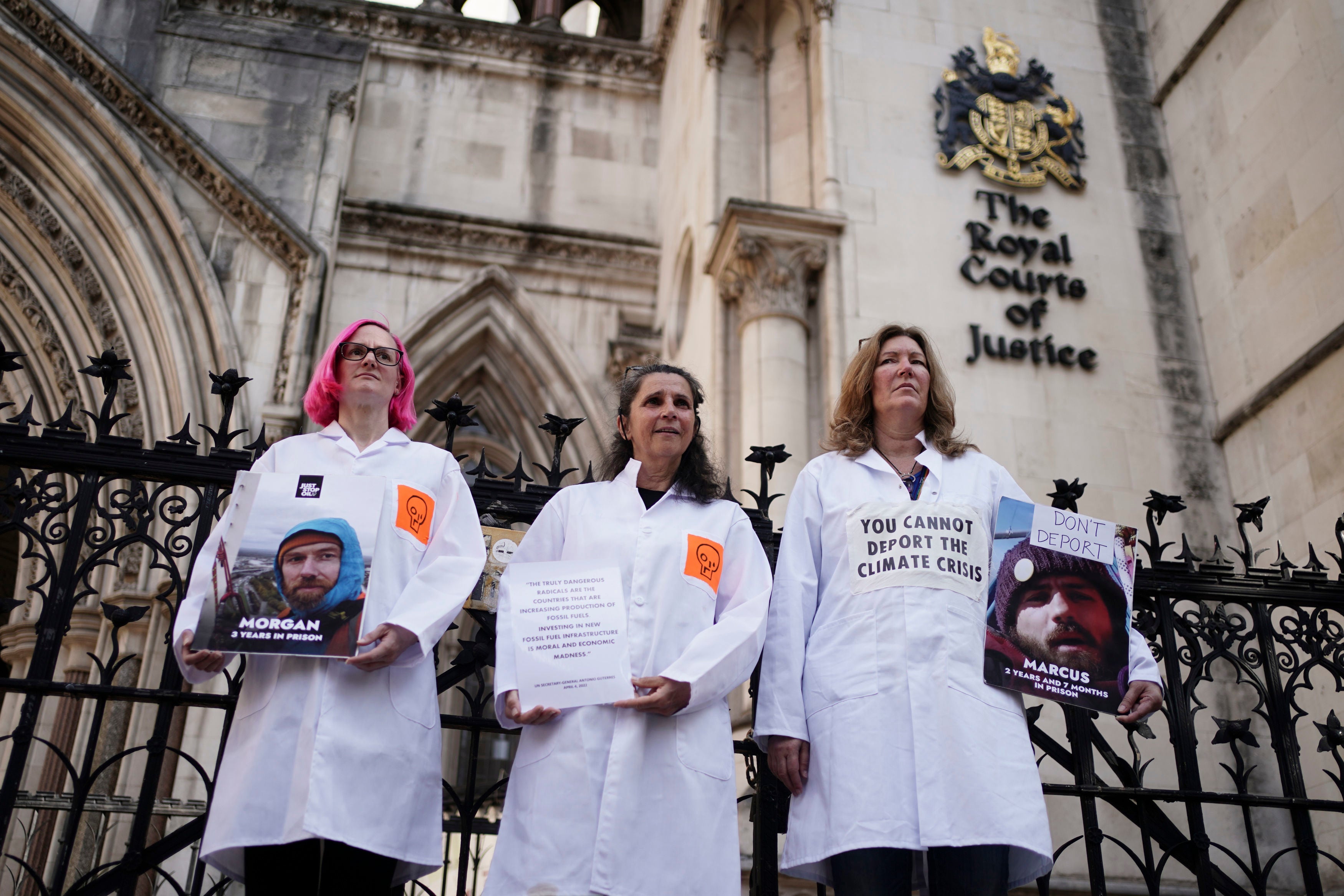 Just Stop Oil protesters outside the Royal Courts of Justice in London, where activists Morgan Trowland and Marcus Decker are appealing their jail sentences