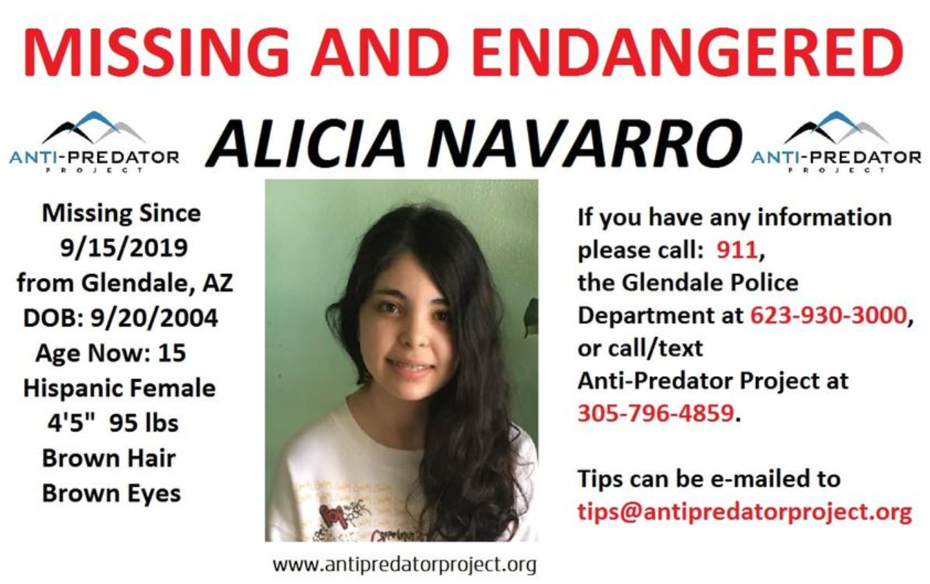 A missing person poster for Alicia Navarro, who disappeared from her Glendale home in 2019