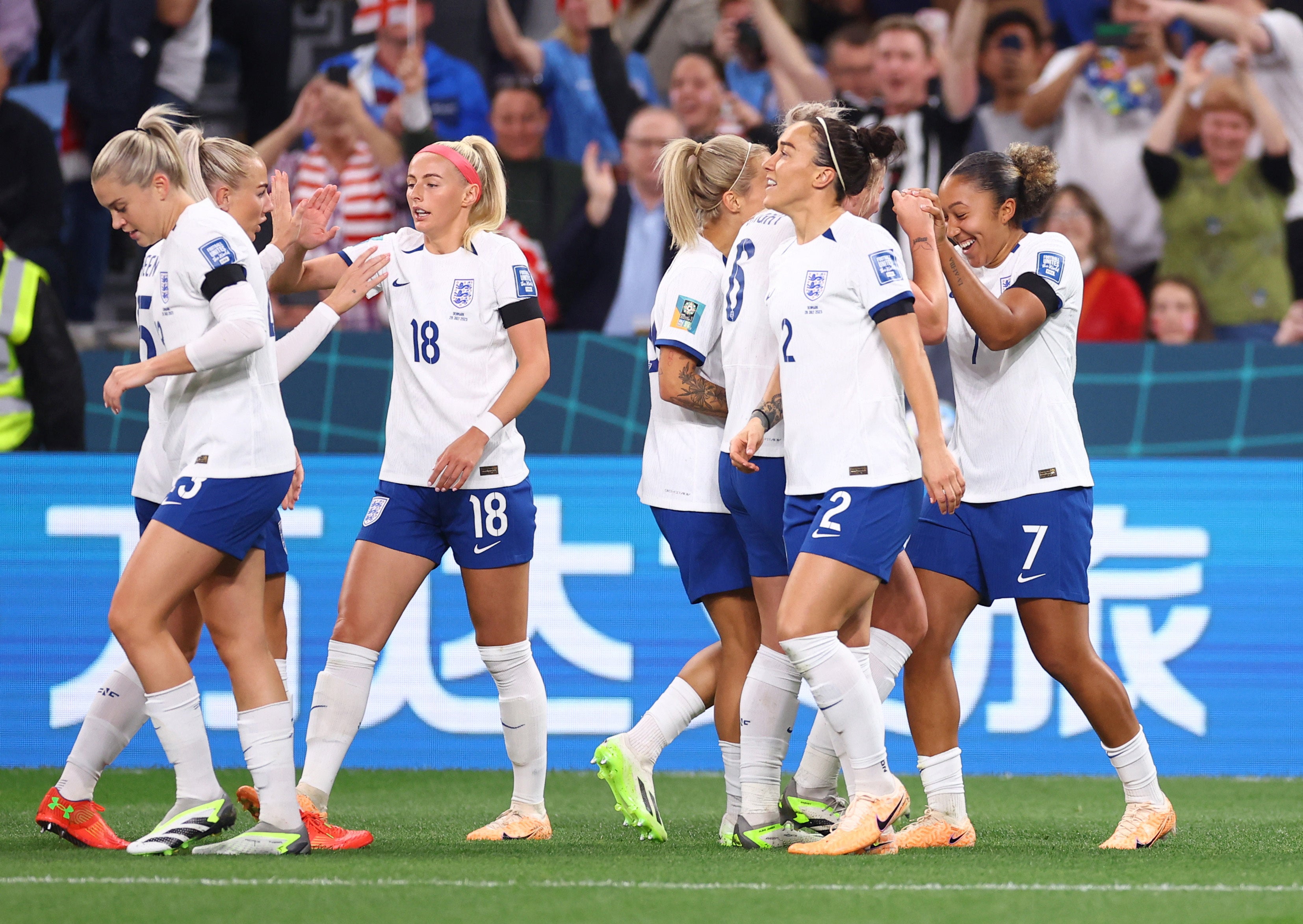 England celebrate breaking the deadlock after Lauren James’ goal