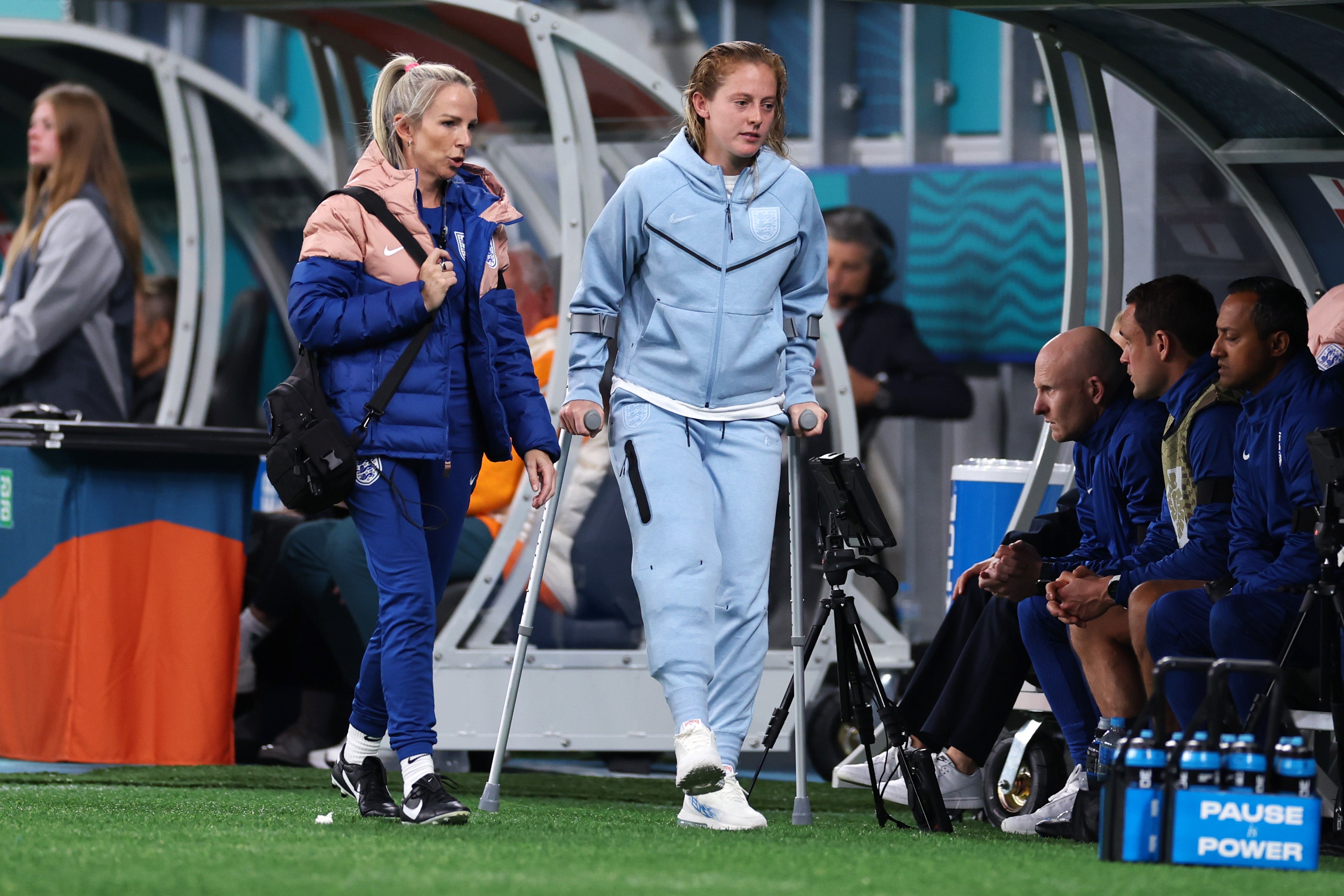 Keira Walsh emerges on crutches after suffering a knee injury