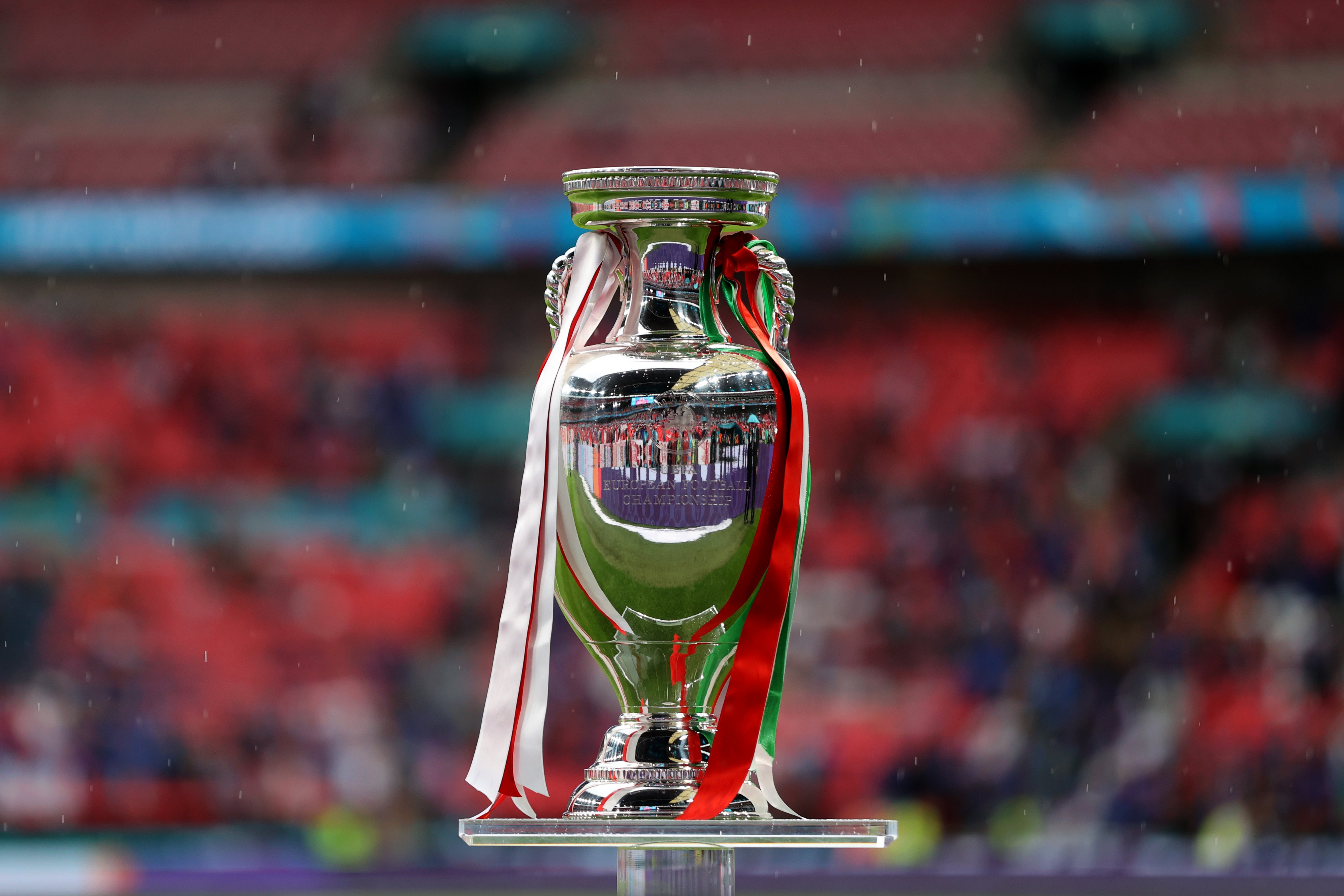 A general view of The Henri Delaunay Trophy prior to the UEFA Euro 2020 Championship Final