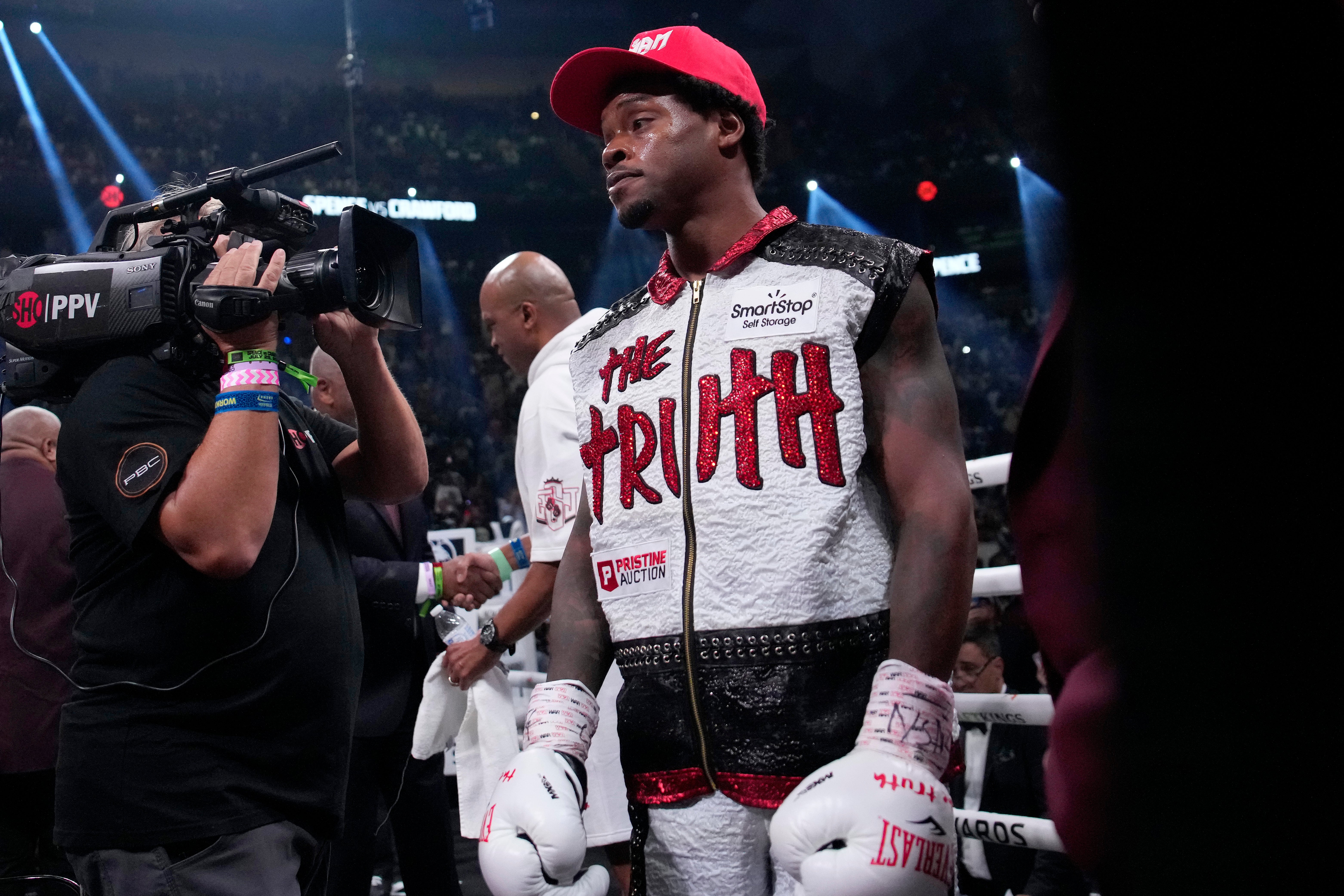 Errol Spence Jr arrives in the ring at the T-Mobile Arena