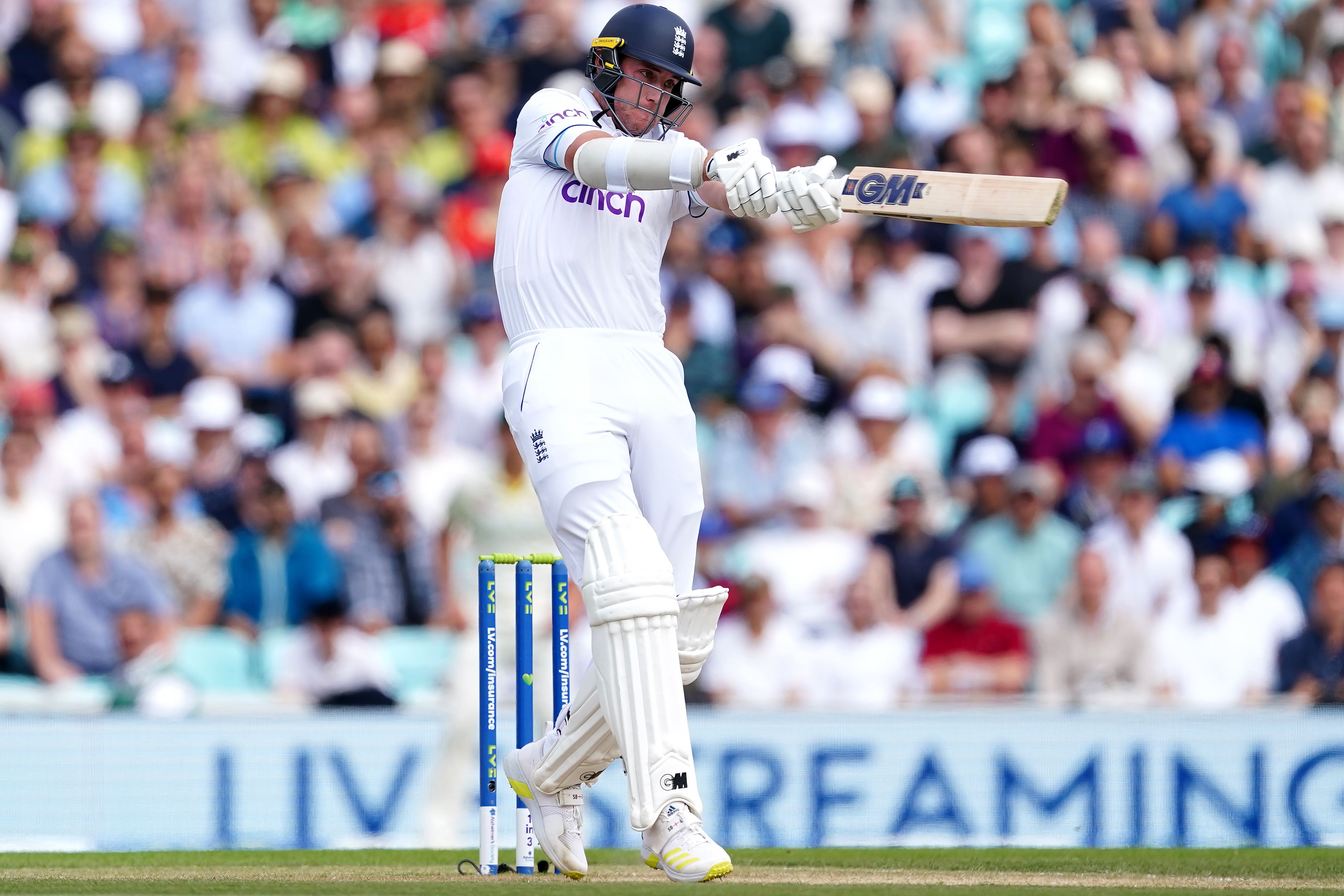 England’s Stuart Broad hits a six in his final innings on day four of the final Ashes Test at the Kia Oval (Mike Egerton/PA)