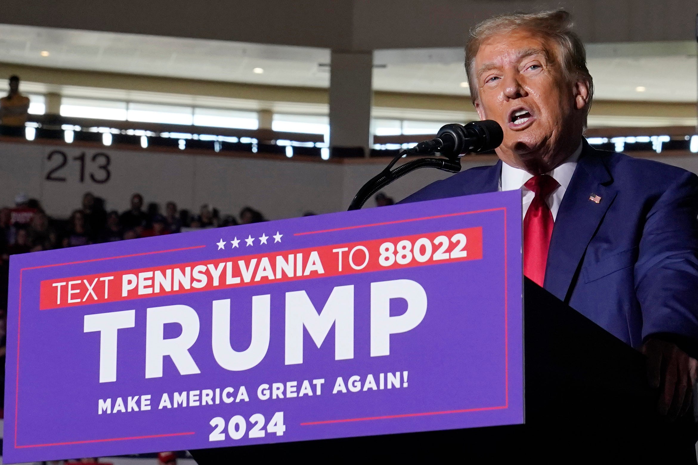 Republican presidential candidate former president Donald Trump speaks during a campaign rally on Saturday in Pennsylvania