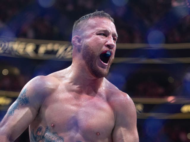 <p>Justin Gaethje celebrates his brutal finish against Dustin Poirier in 2023</p>