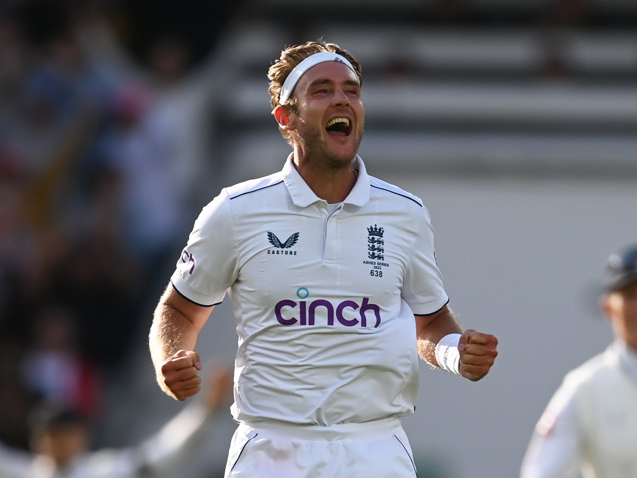 Stuart Broad of England celebrates the wicket of Alex Carey of Australia