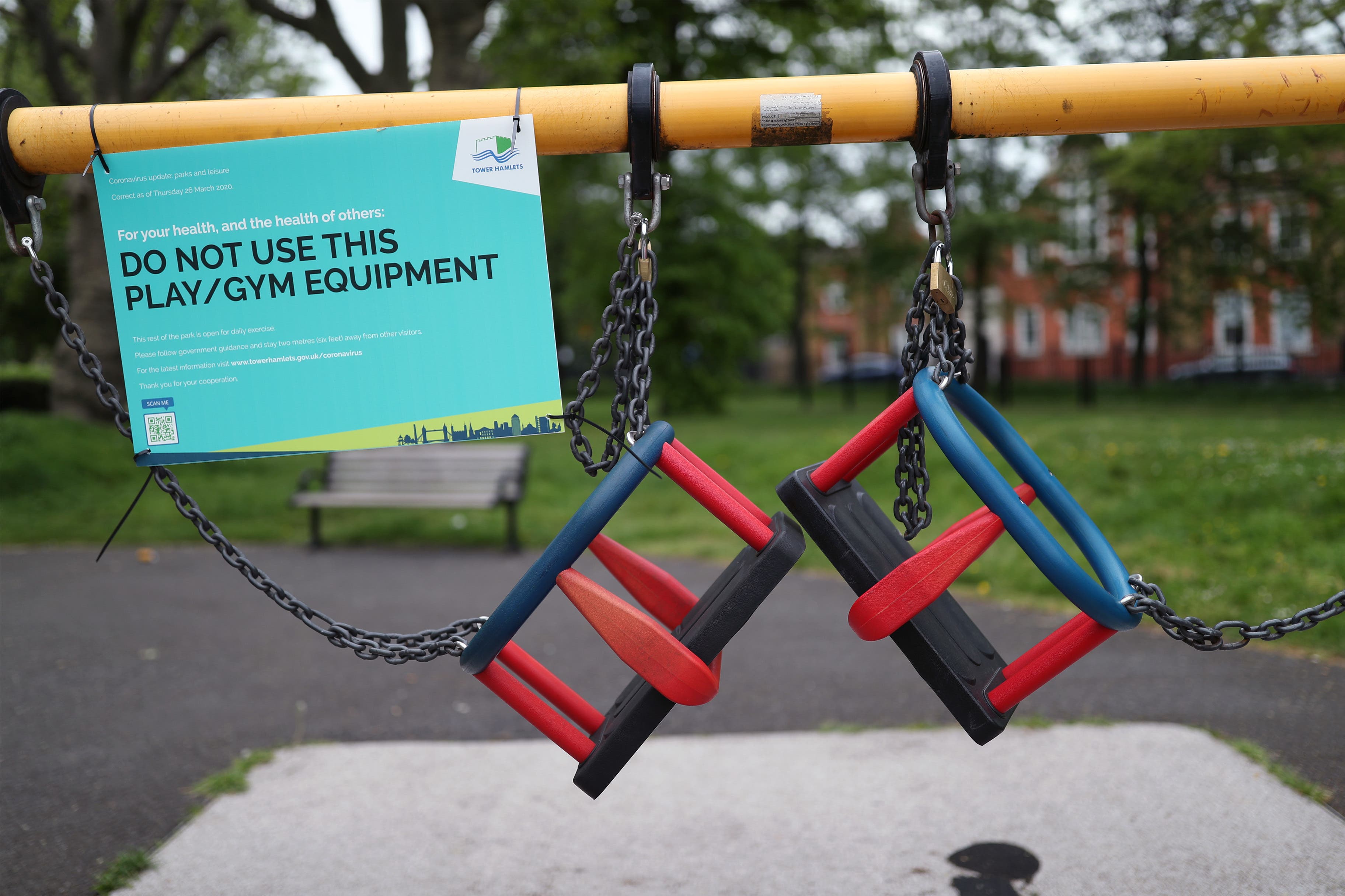 Activity equipment in the children’s playground area of a park in London is closed off during lockdown (Yui Mok/PA)