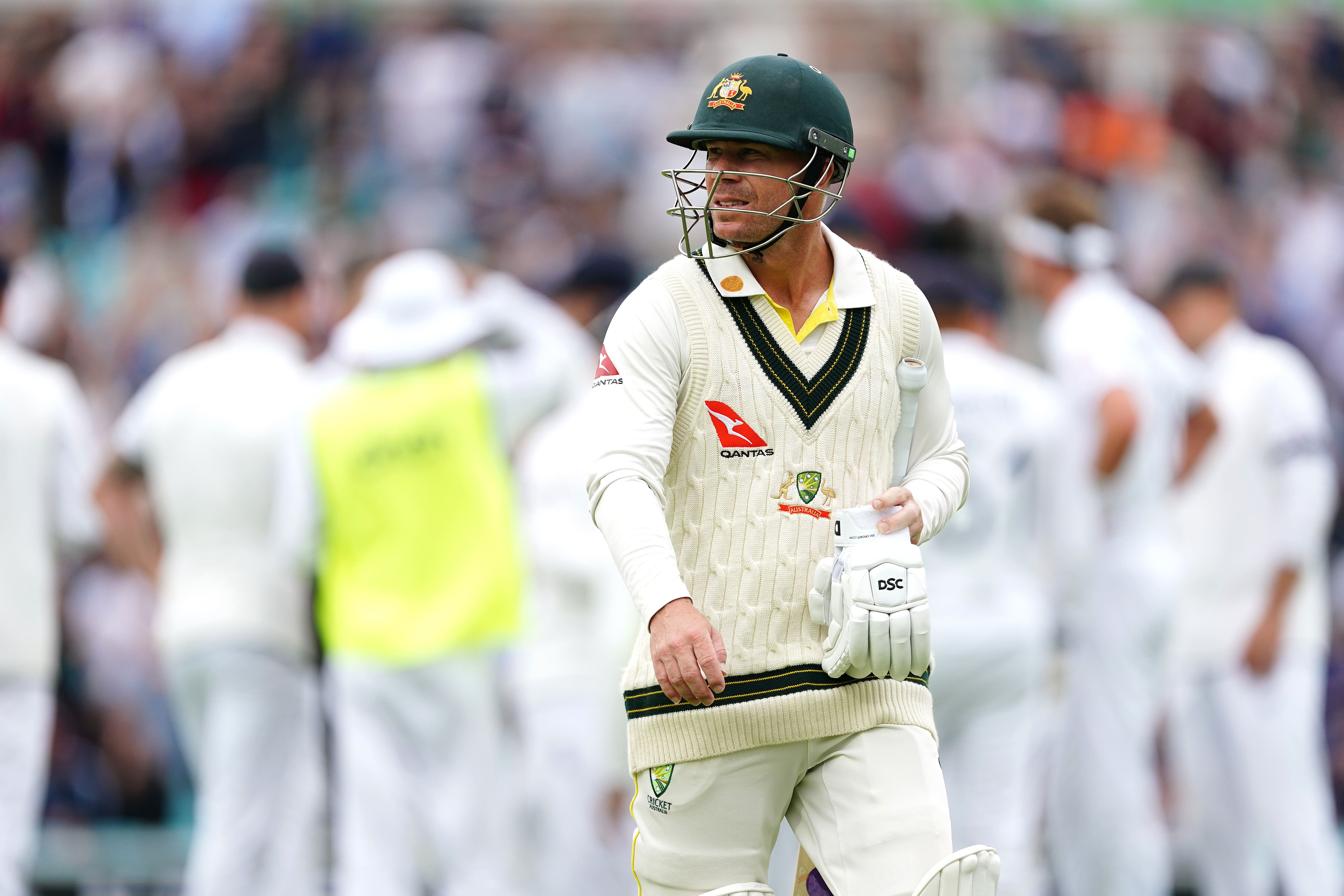 Australia’s David Warner reacts after being caught by England’s Jonny Bairstow, the first victim of the changed ball (Mike Egerton/PA)