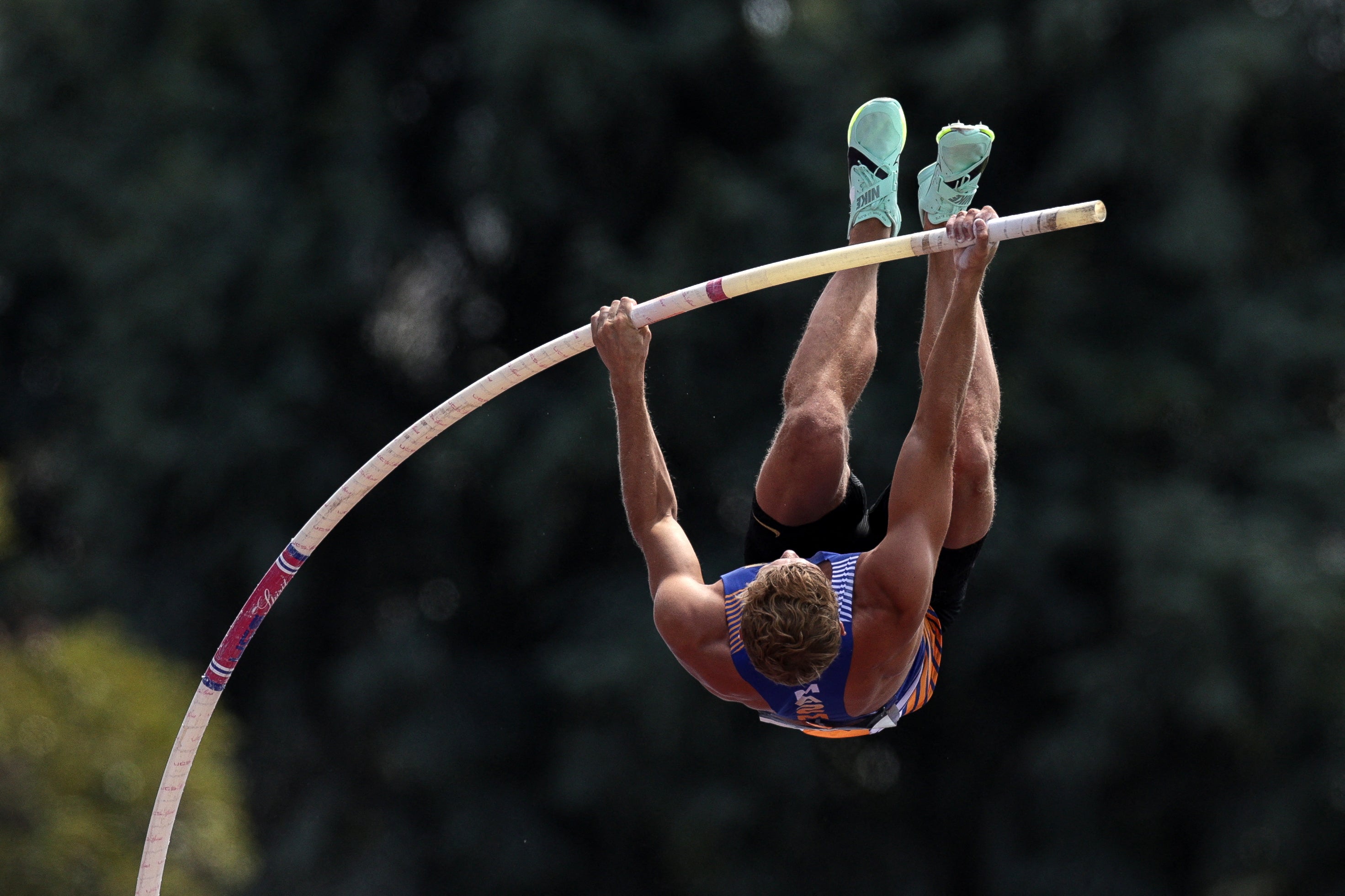 France's Kevin Mayer competes in the men's pole vault event during the 2023 French Athletics Championships at the municipal stadium in Albi