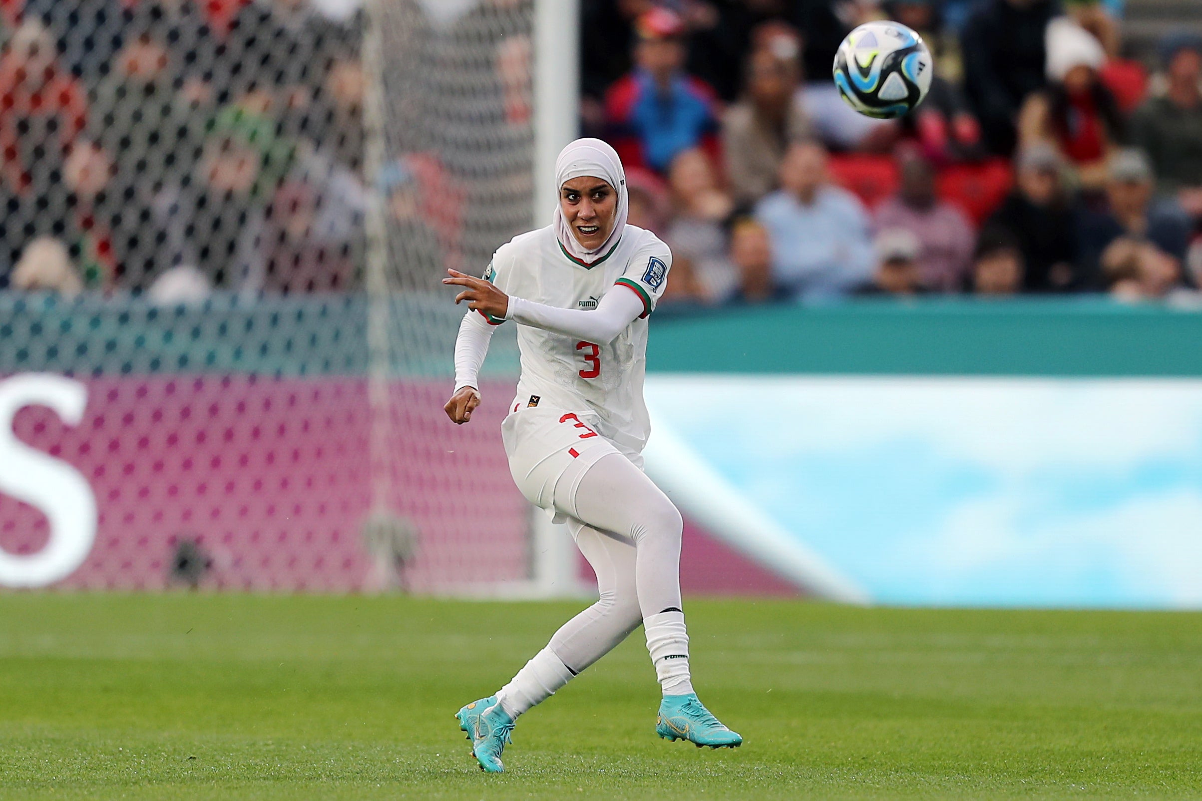 Morocco’s Nouhaila Benzina in action during the Women’s World Cup match between South Korea and Morocco in Adelaide, Australia