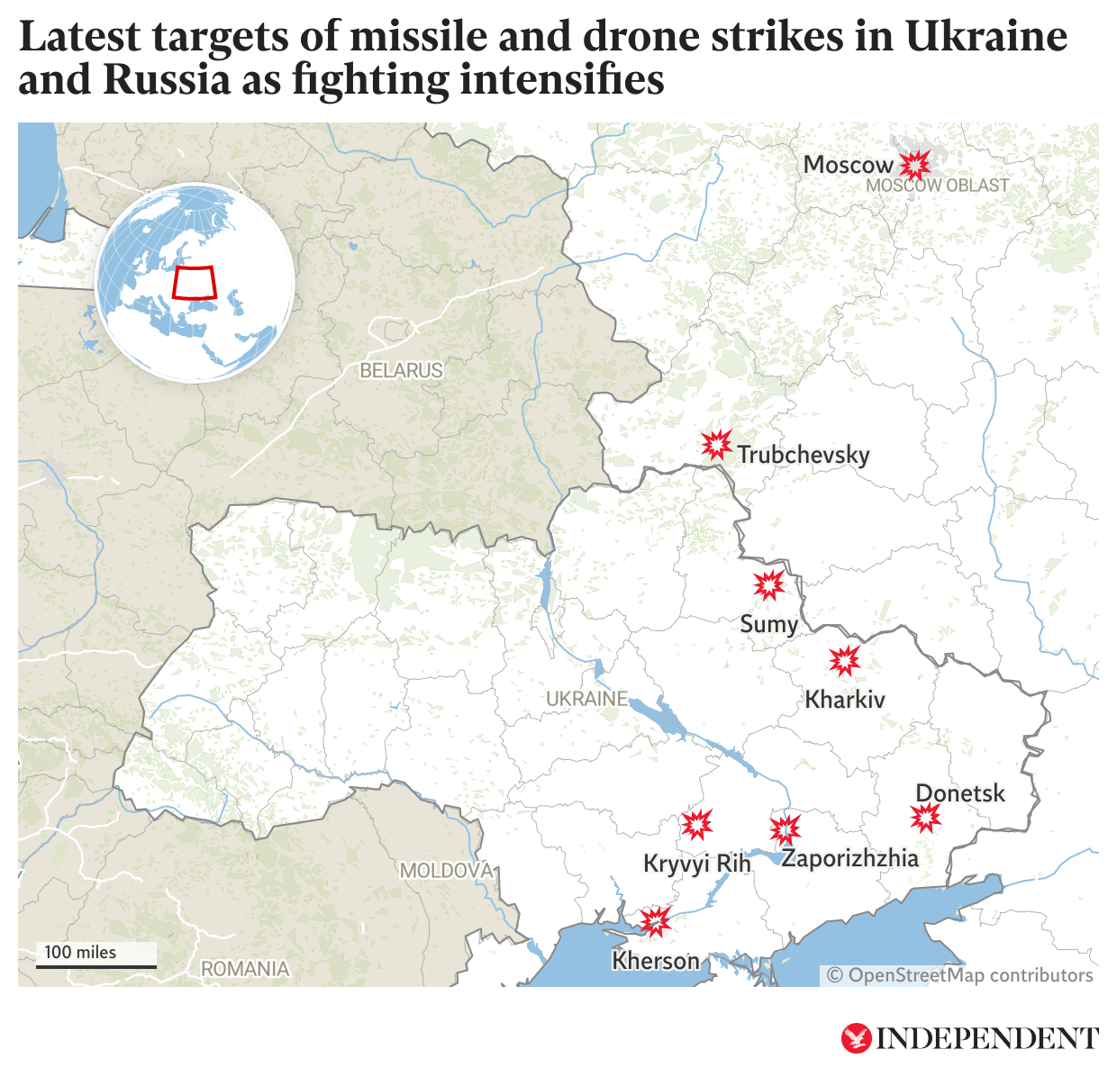 The cities hit by strikes in both Ukraine and Russia in late July and August 2023