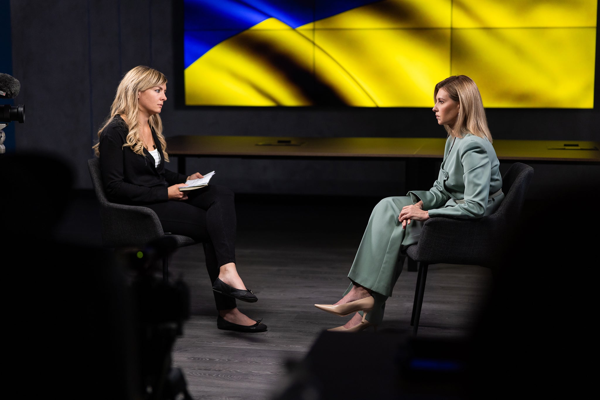 Mrs Zelenska, right, being interviewed by Bel Trew