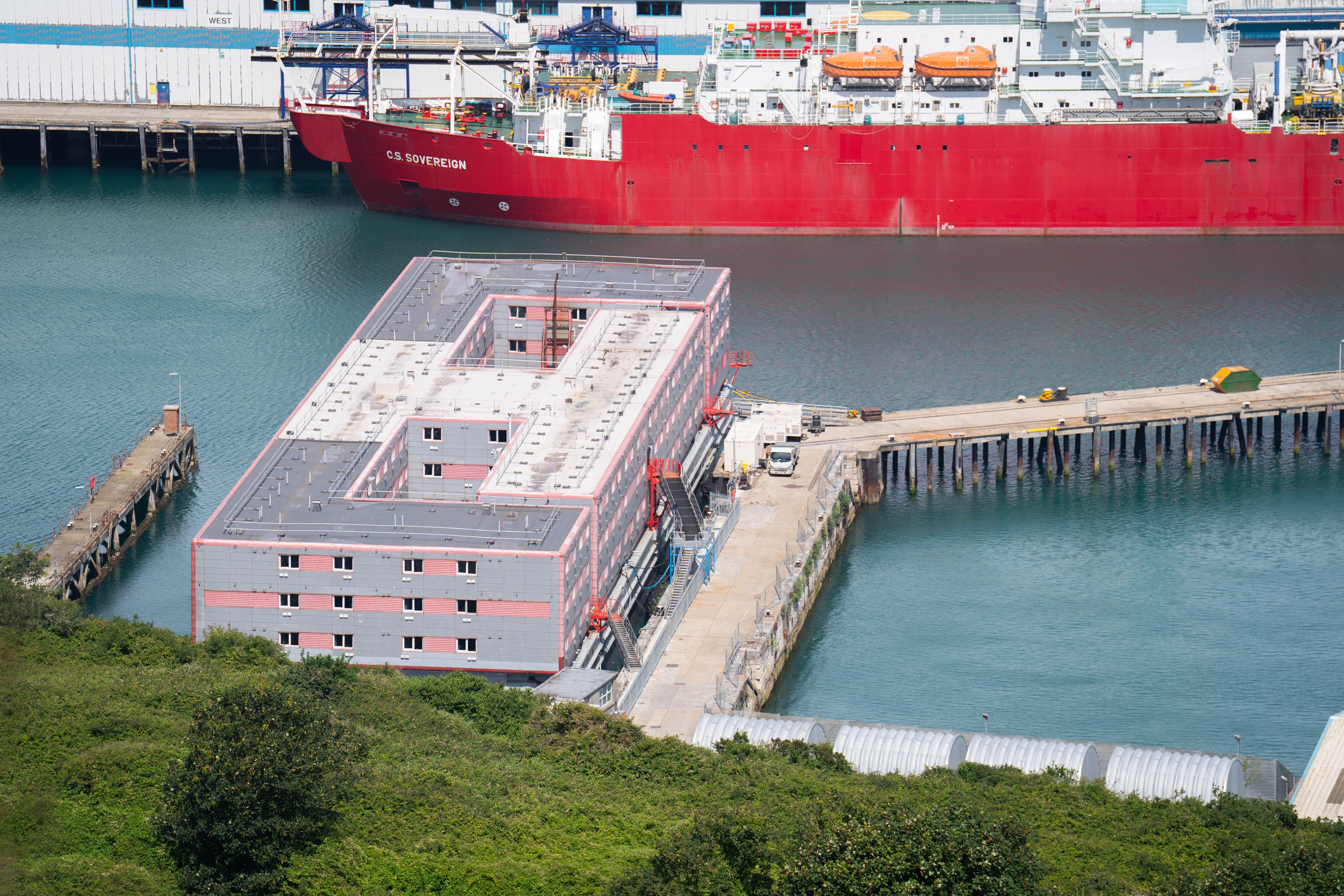 The Bibby Stockholm barge at Portland, Dorset, will house up to 500 people (James Manning/PA)