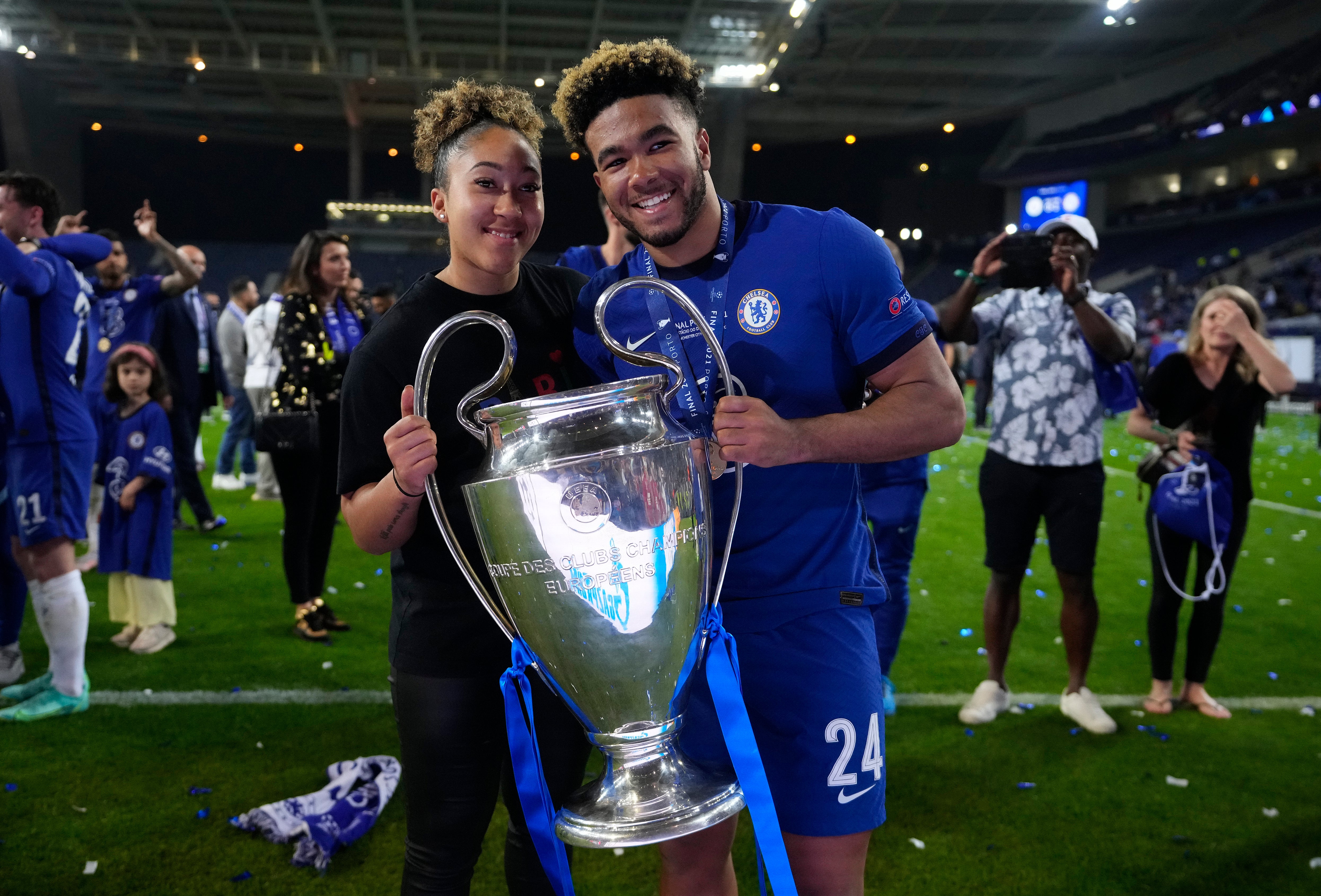 Reece James celebrates winning the Champions League with sister Lauren James