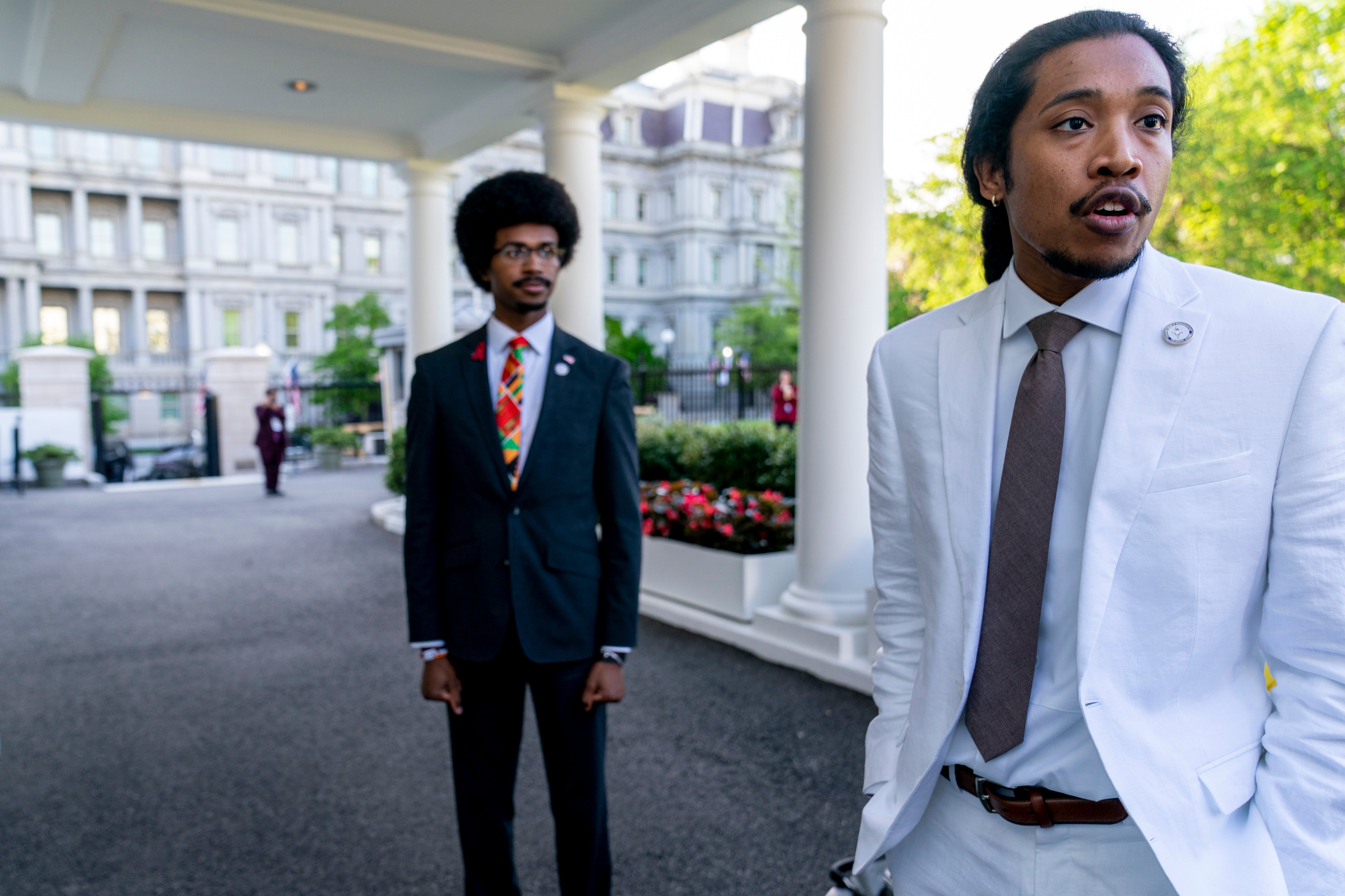 Tennessee Reps. Justin Pearson (left) and Justin Jones (right) outside the West Wing after meeting with President Joe Biden and Vice President Kamala Harris