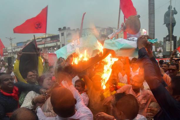 Activists and supporters of Vishwa Hindu Parishad (VHP) take part in a demonstration against the communal clashes in India’s Haryana state, during a protest in Prayagraj on 2 August 2023