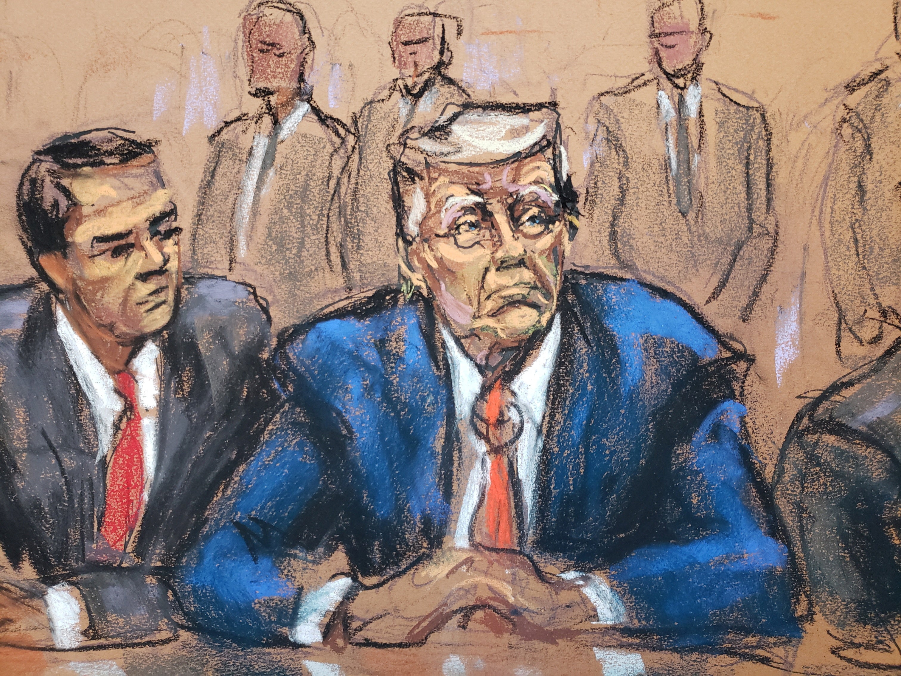 Court sketch shows Donald Trump sitting next to his attorney Todd Blanche