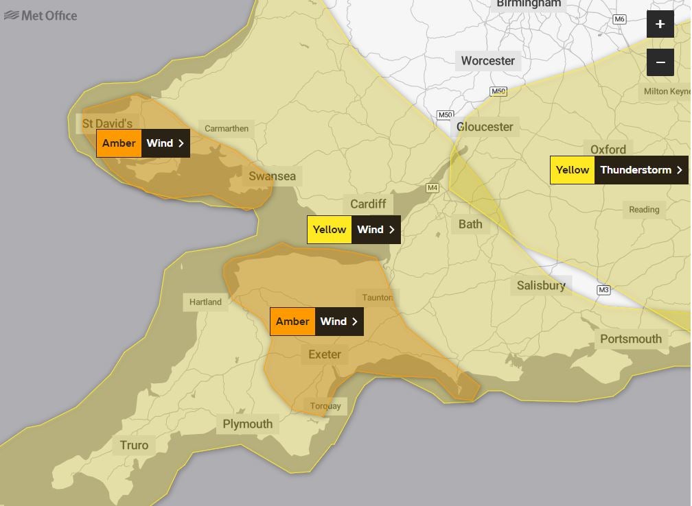 The south west of the country has multiple alerts for wind, rain and thunderstorms