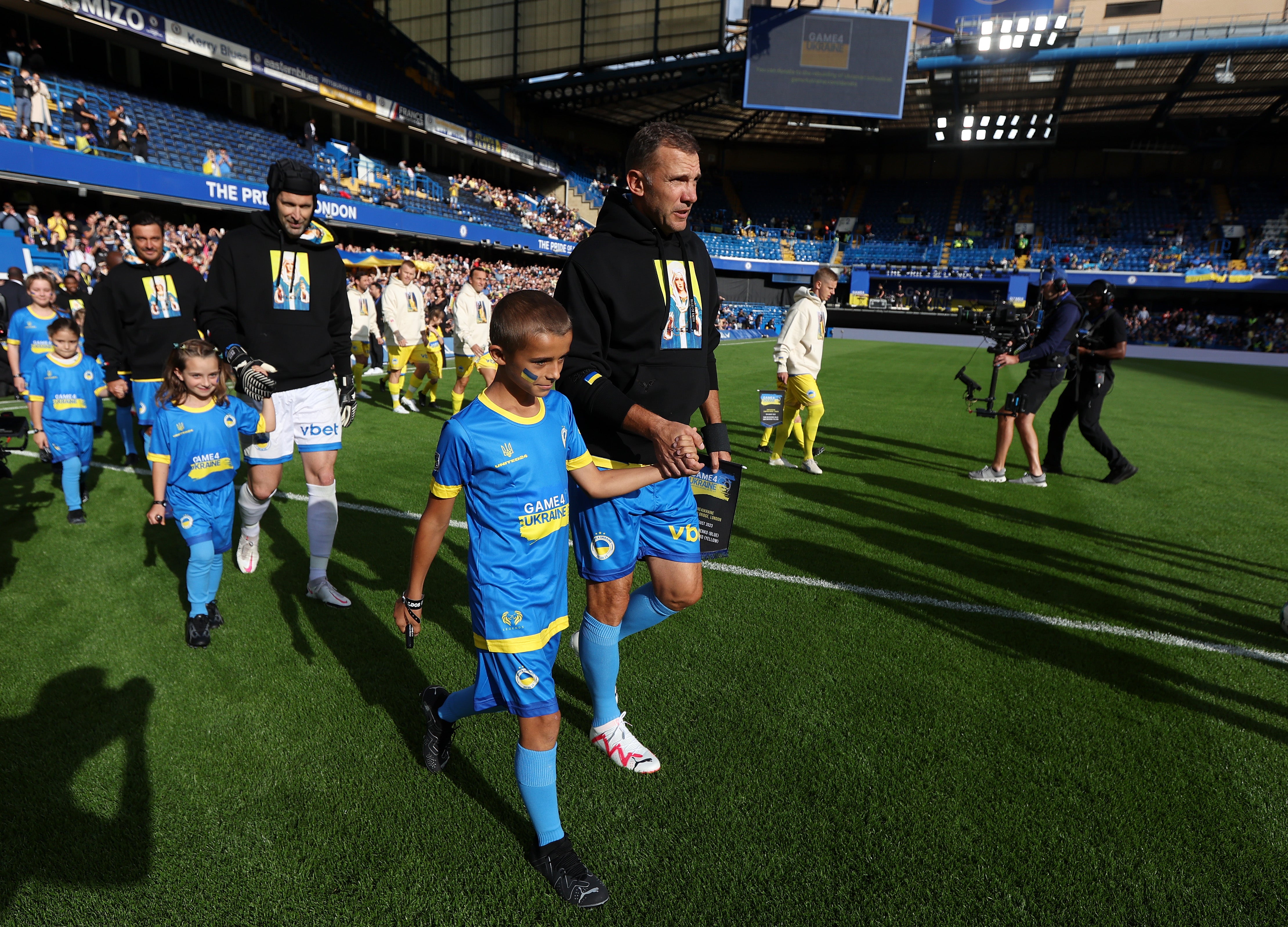 Shevchenko leads his team out at the Game4Ukraine match at Stamford Bridge in August