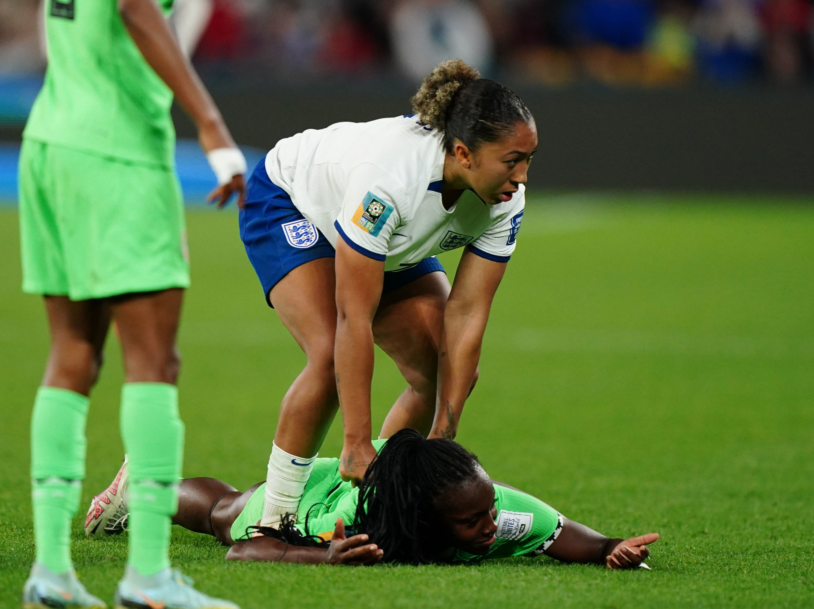 England's Lauren James fouls Nigeria's Michelle Alozie