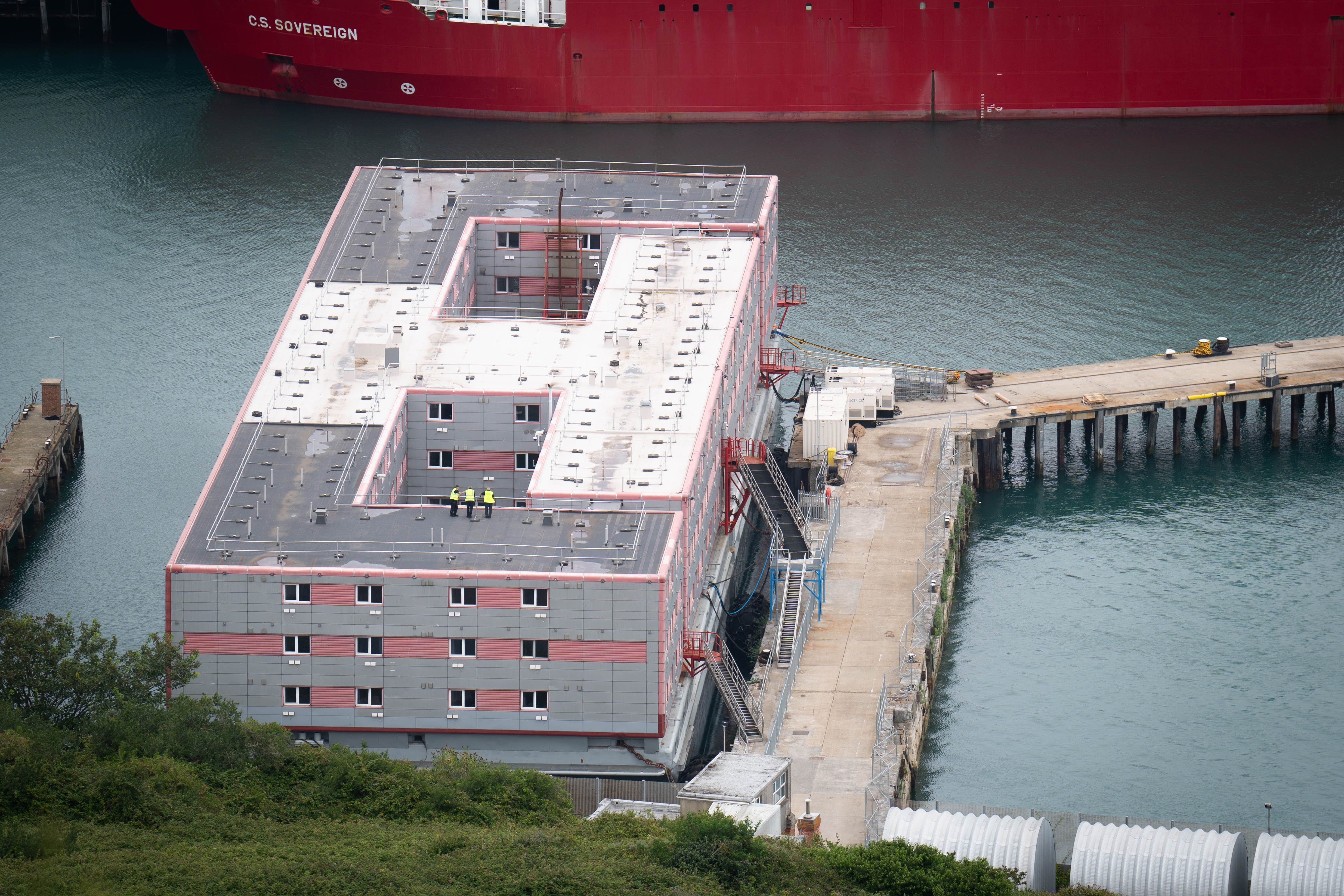 ‘Bibby Stockholm’ is moored at Portland Port in Dorset