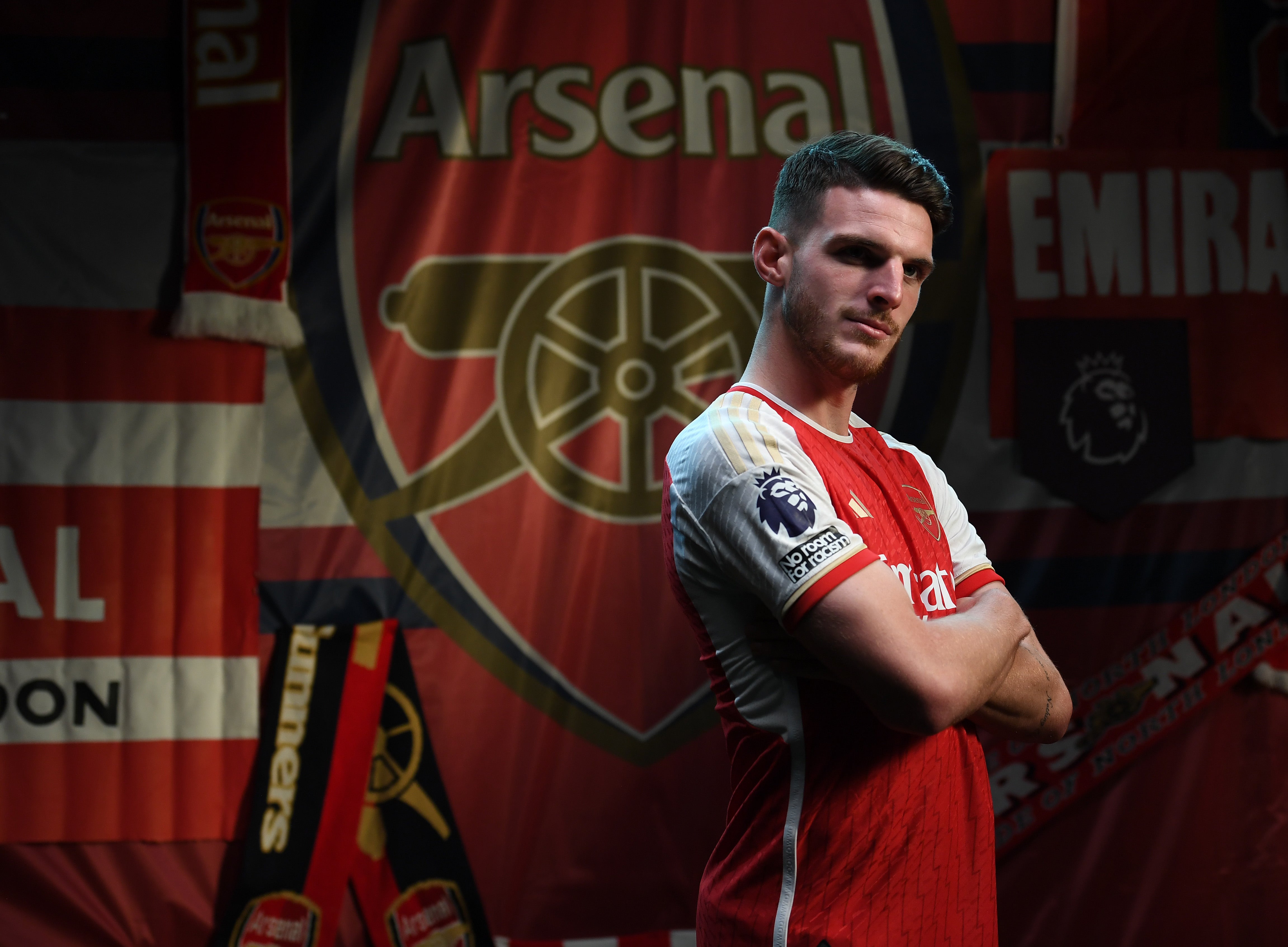 Declan Rice of Arsenal poses during the Arsenal Men's team photocall at London Colney