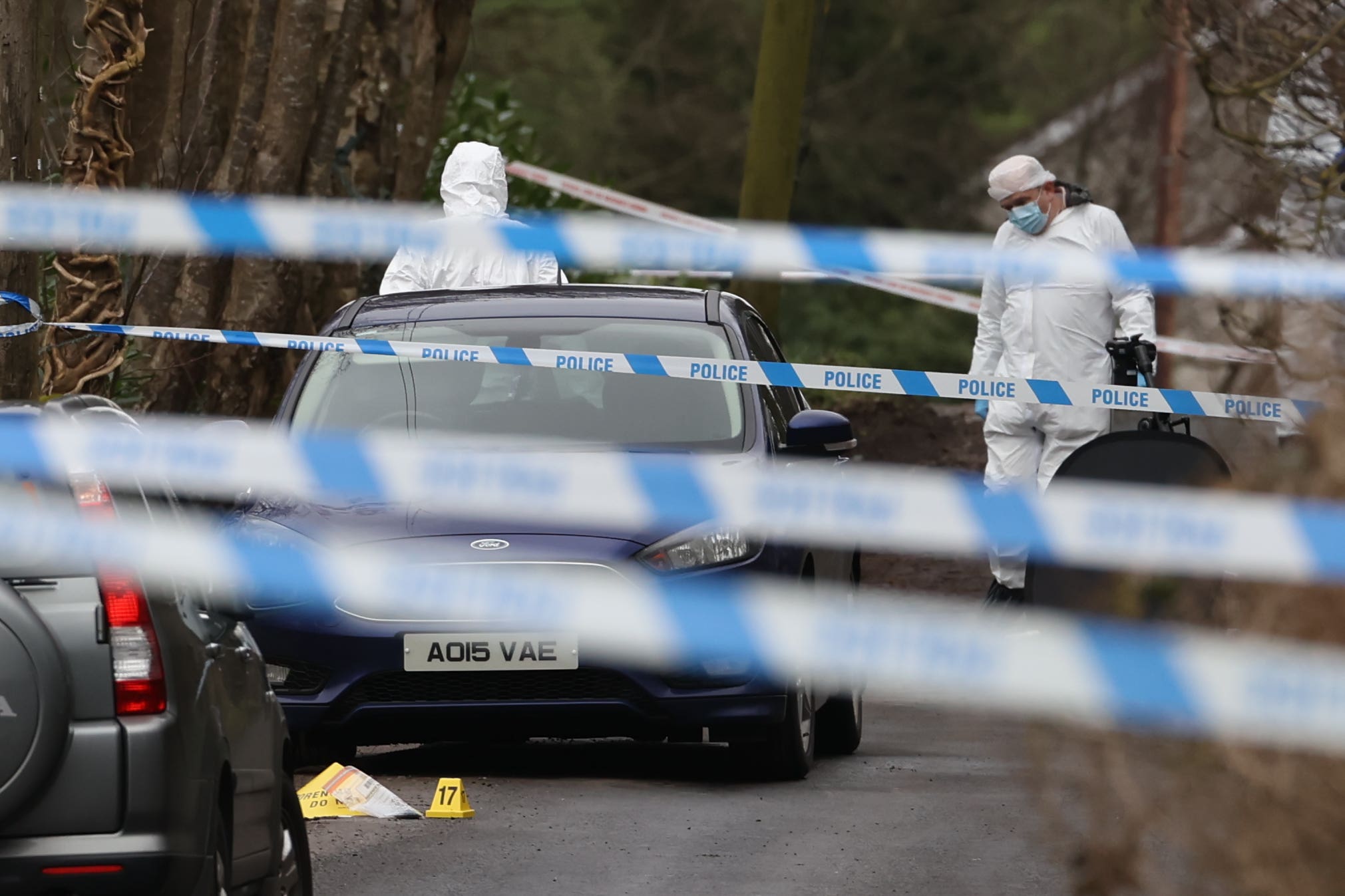 PSNI at the sports complex in the Killyclogher Road area of Omagh, where off-duty PSNI Detective Chief Inspector John Caldwell was shot (Liam McBurney/PA)