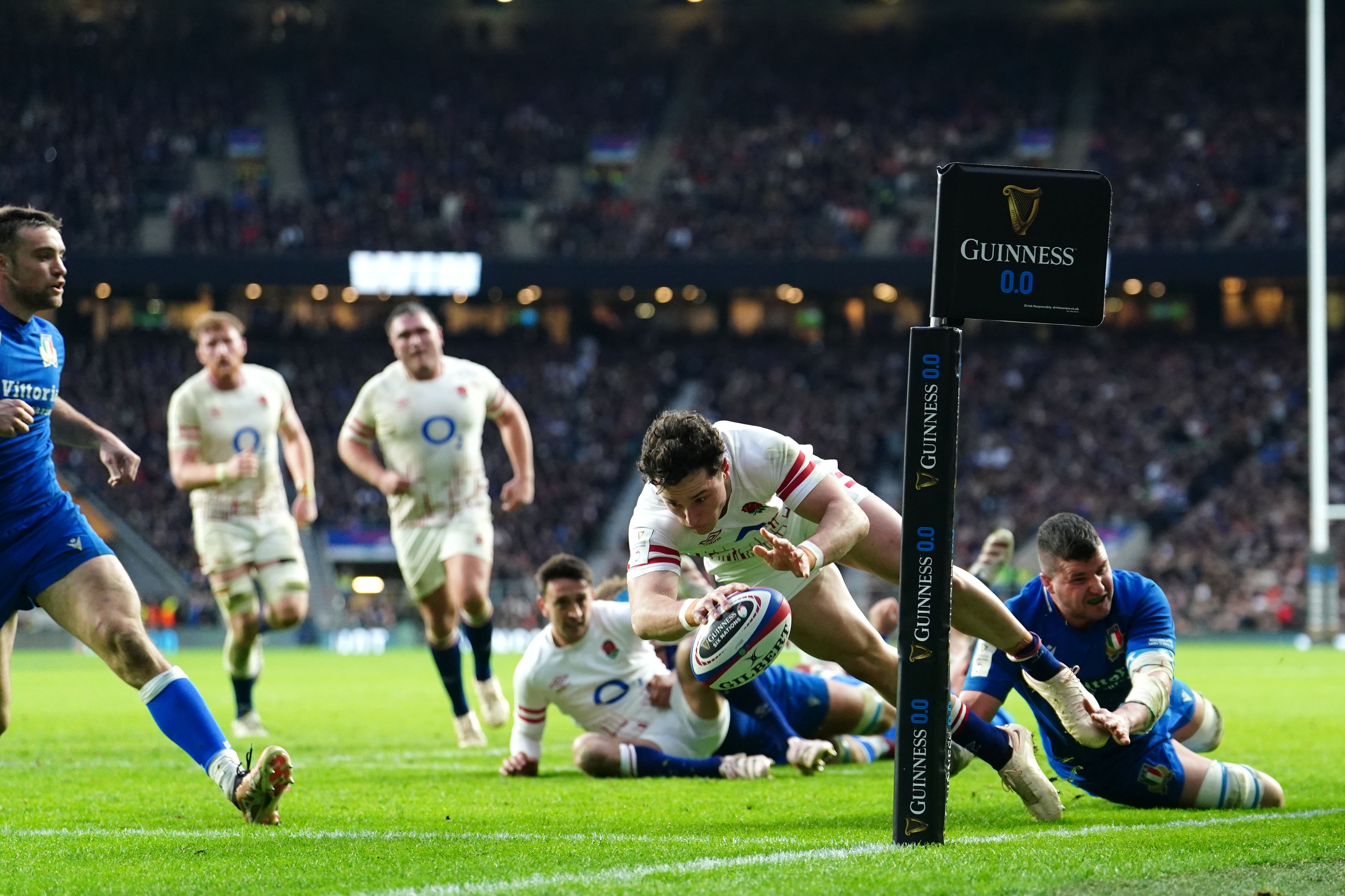 Henry Arundell finishes for England against Italy during this year’s Six Nations