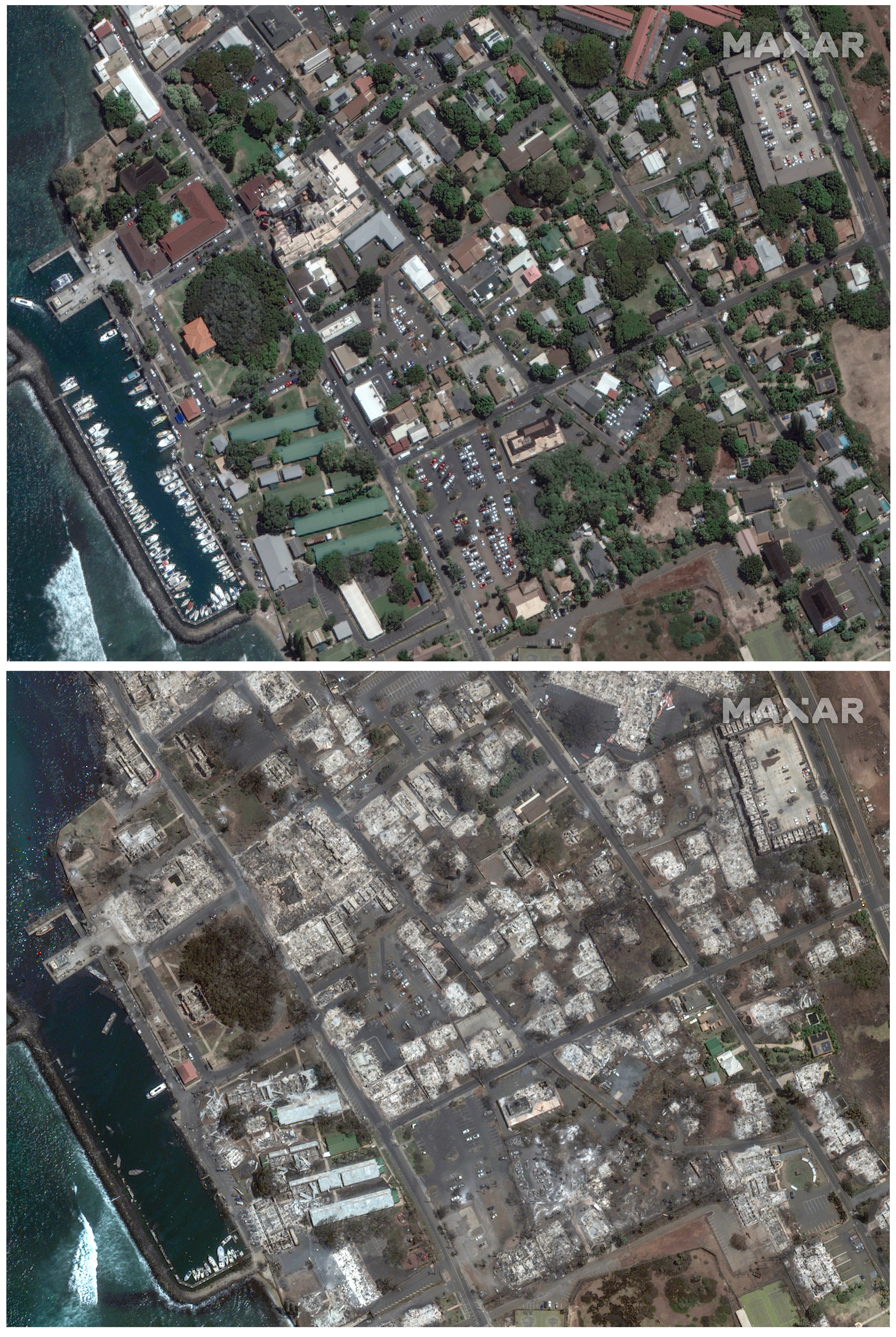 Before and after image shows houses turned to rubble