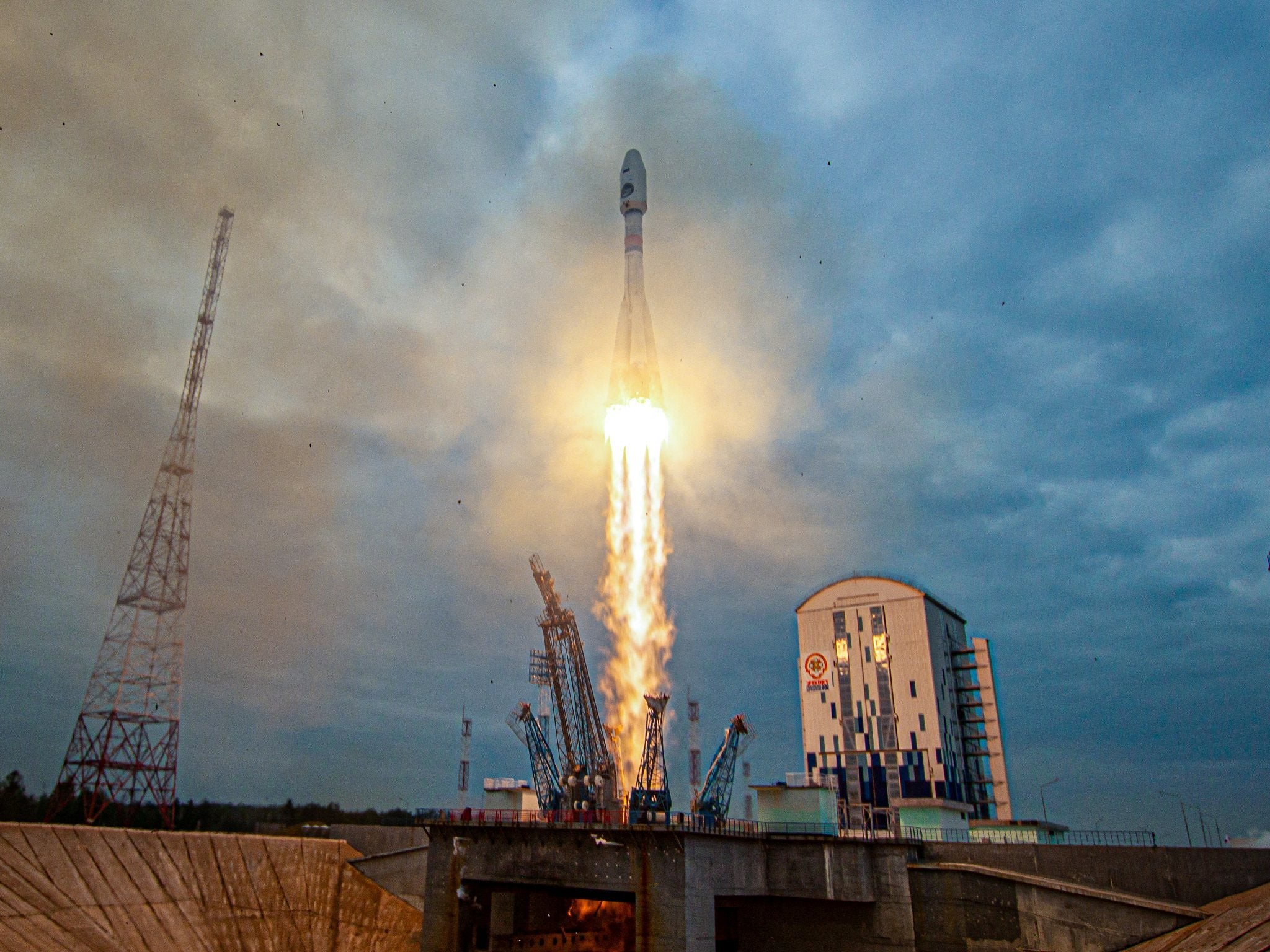 The rocket carrying the lunar lander blasts off from a launchpad at the Vostochny cosmodrome in the far eastern Amur region of Russia