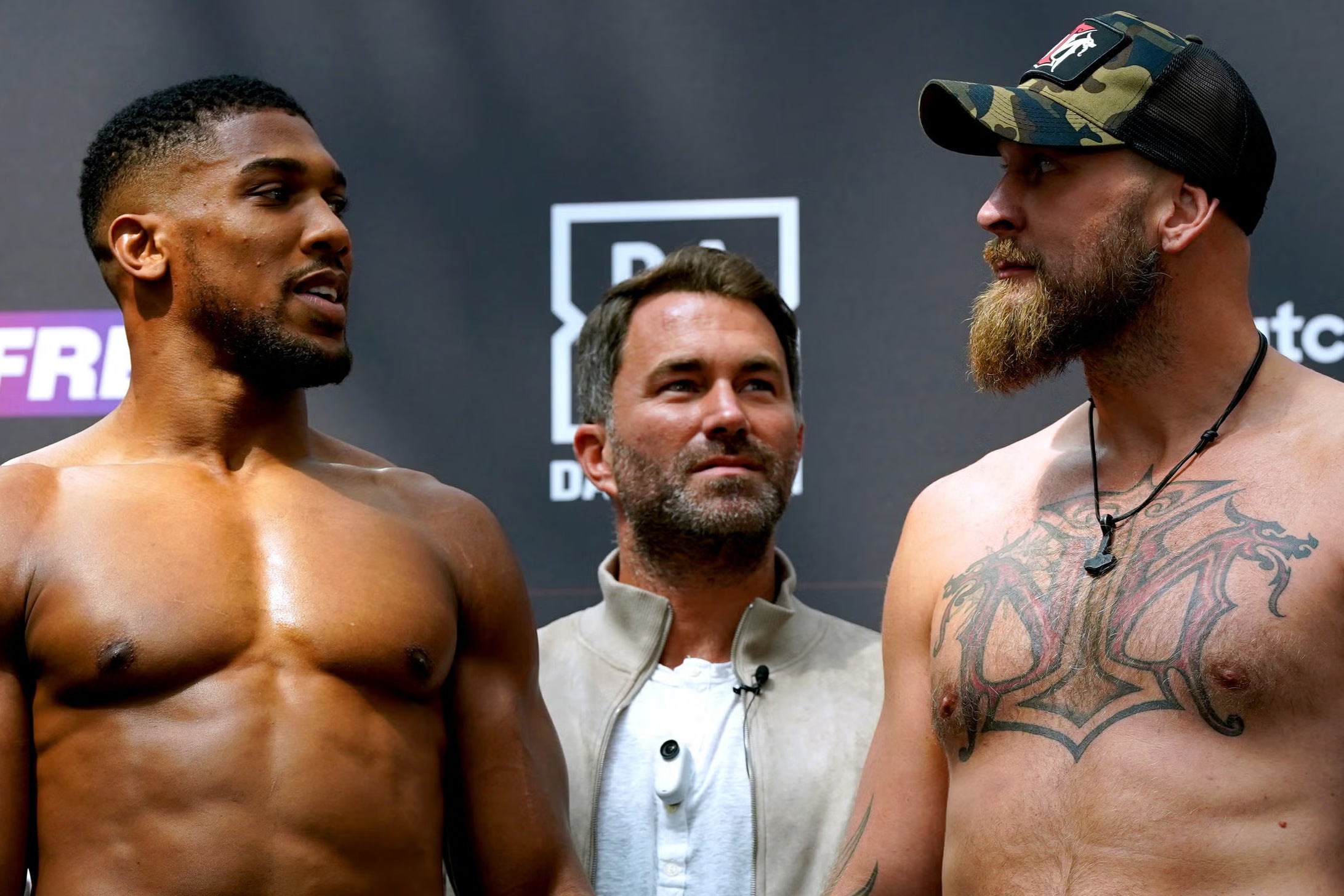 Anthony Joshua, left, and Robert Helenius after weighing in