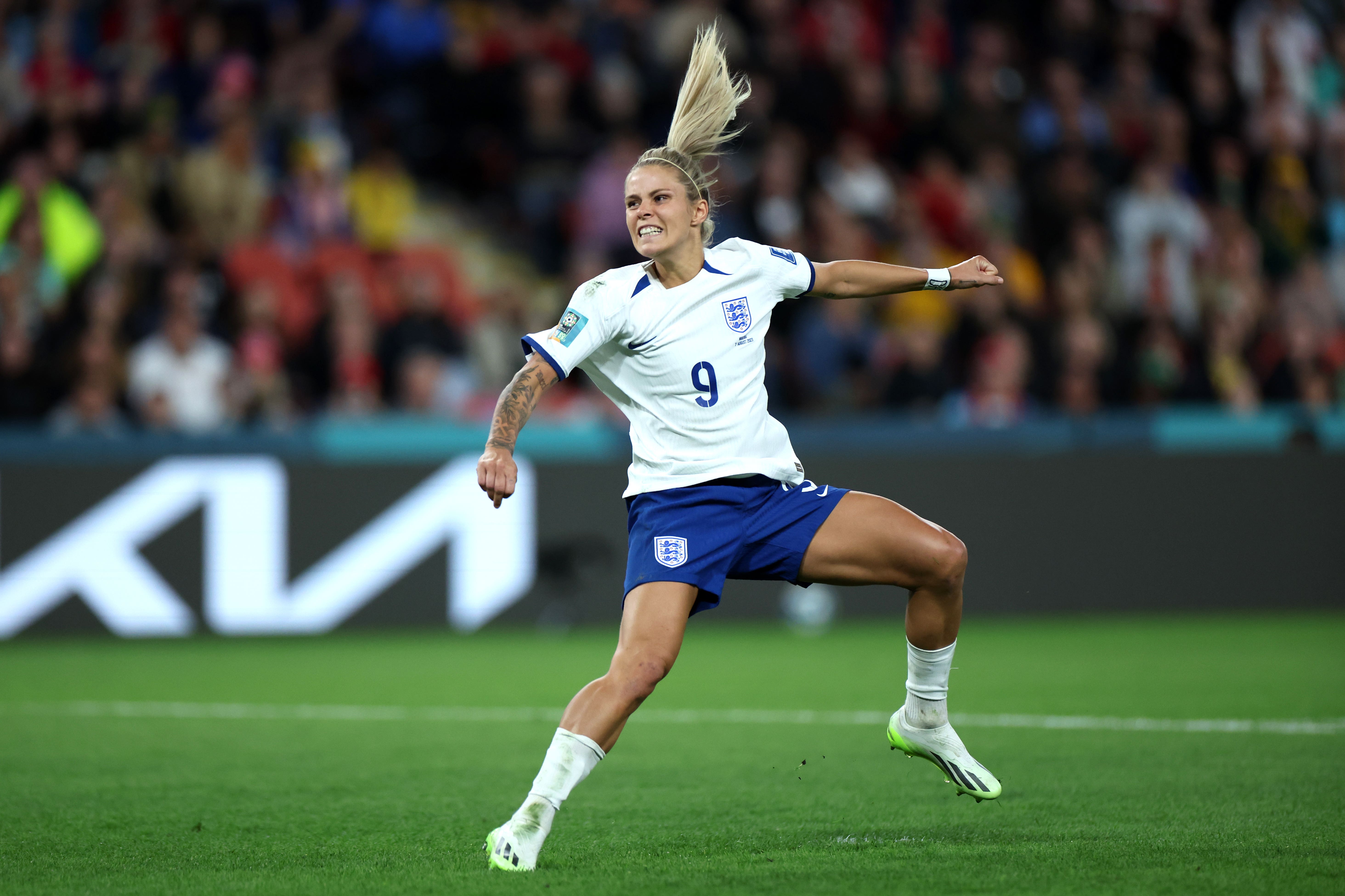 England’s Rachel Daly celebrates scoring a penalty against Nigeria (Isabel Infantes/PA)