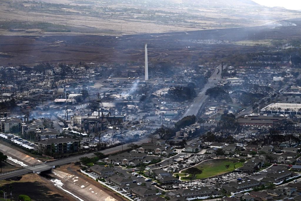 An aerial image taken on 10 August shows destroyed homes and buildings burned to the ground in Lahaina