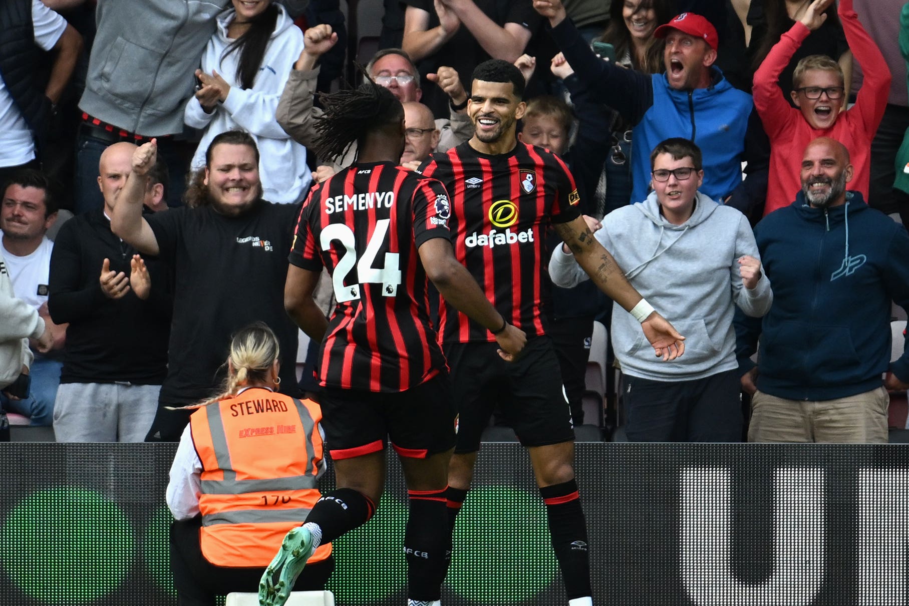 Dominic Solanke , right, celebrates with Antoine Semenyo (Simon Galloway/PA)