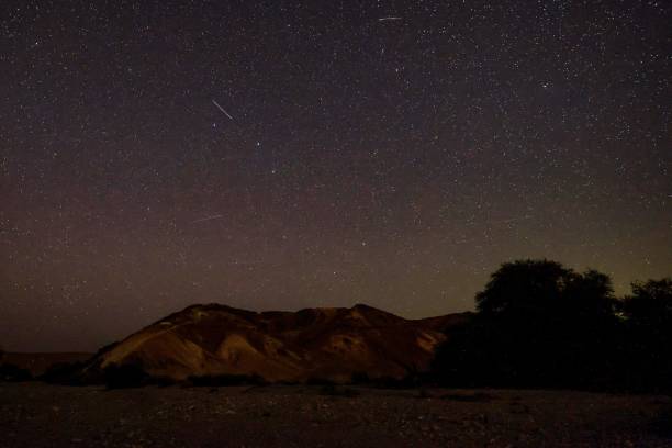 Perseid meteors streaks across the sky above a camping site in the southern israel Negev desert near the Israeli village of Faran early on 12 August 2023