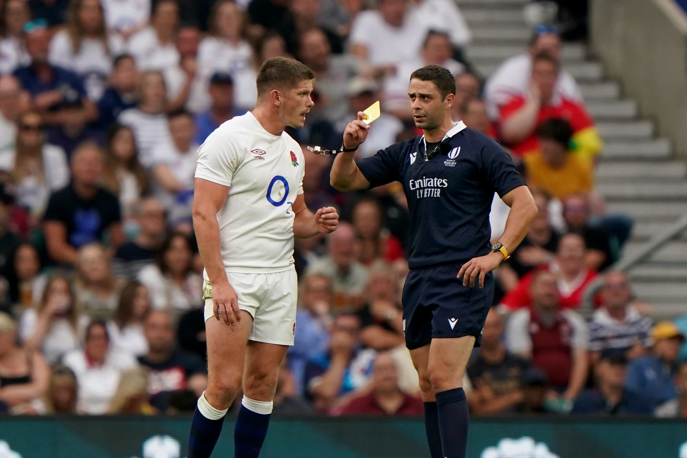 Owen Farrell was shown a yellow card by referee Nika Amashukeli that was later upgraded to red (Joe Giddens/PA)