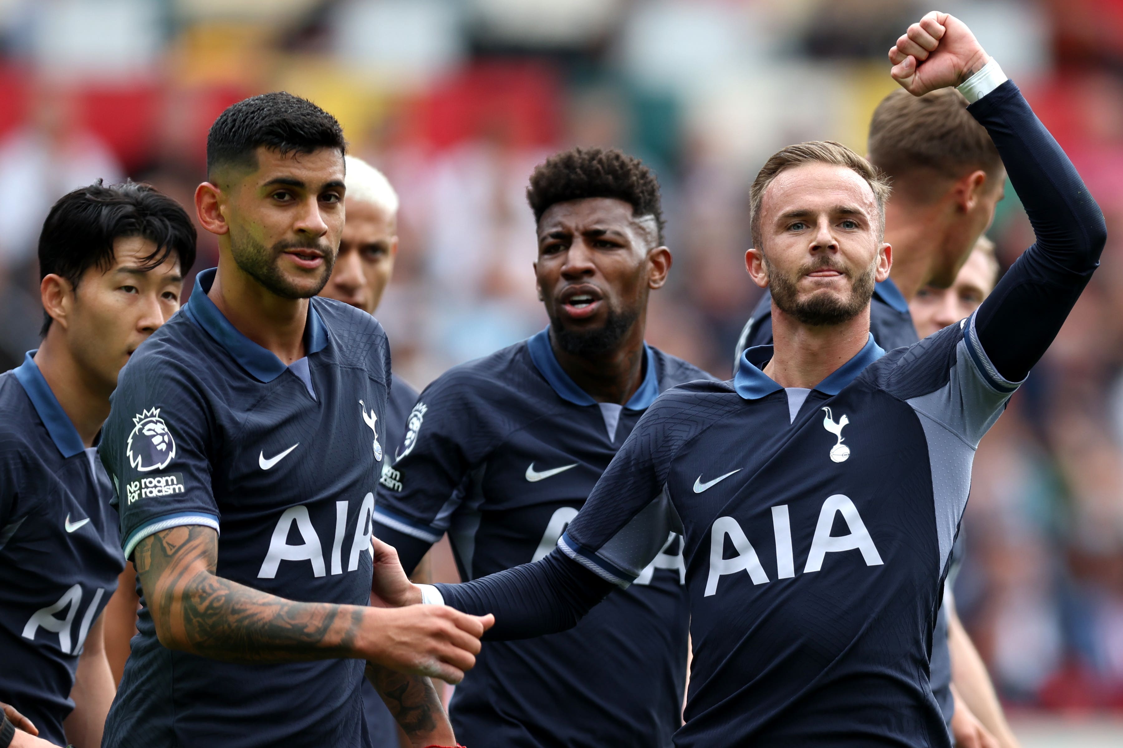 Cristian Romero (second left) headed Tottenham’s opener at Brentford from a James Maddison free kick