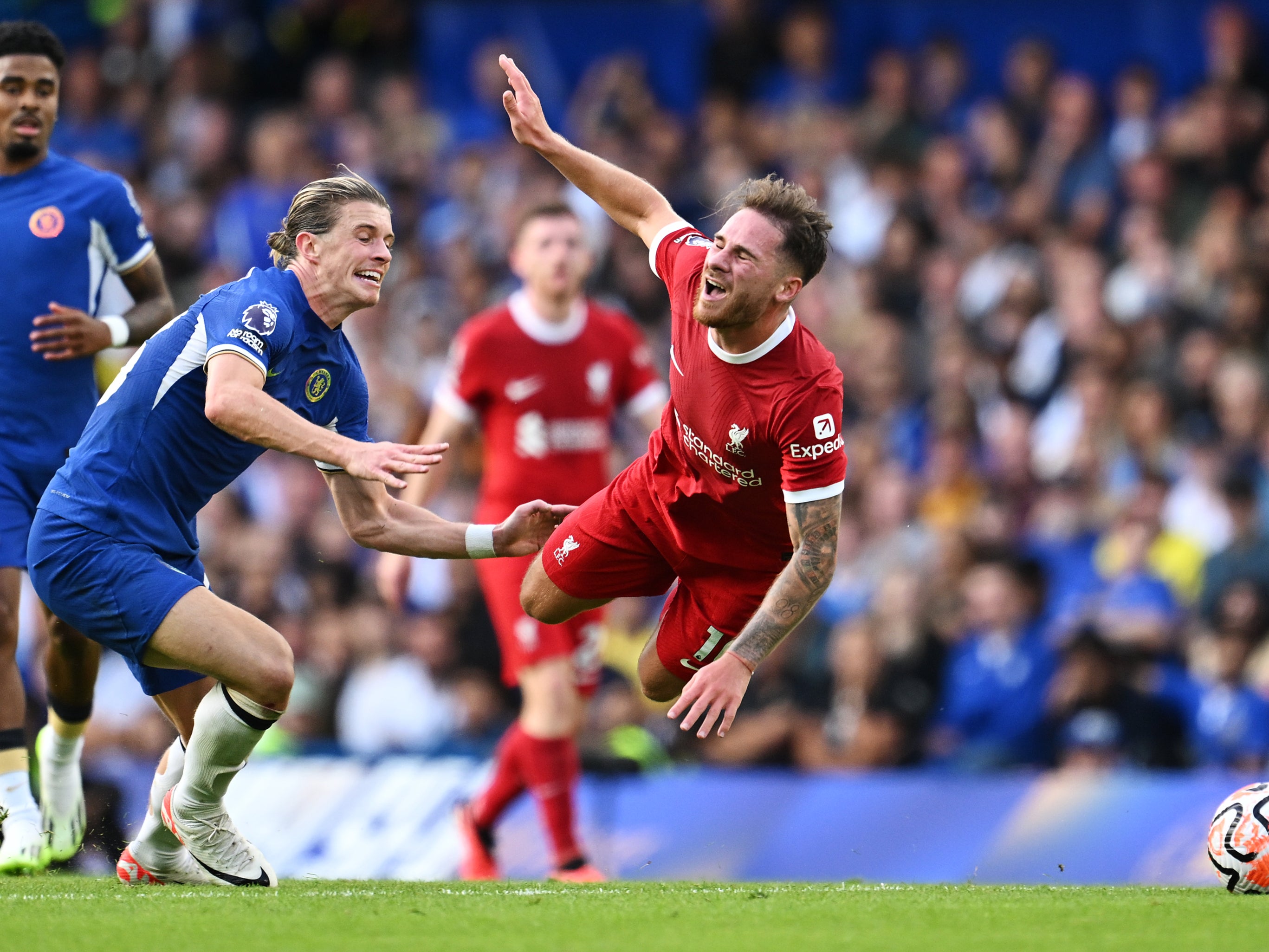 Conor Gallagher battles with fellow midfielder Alexis Mac Allister