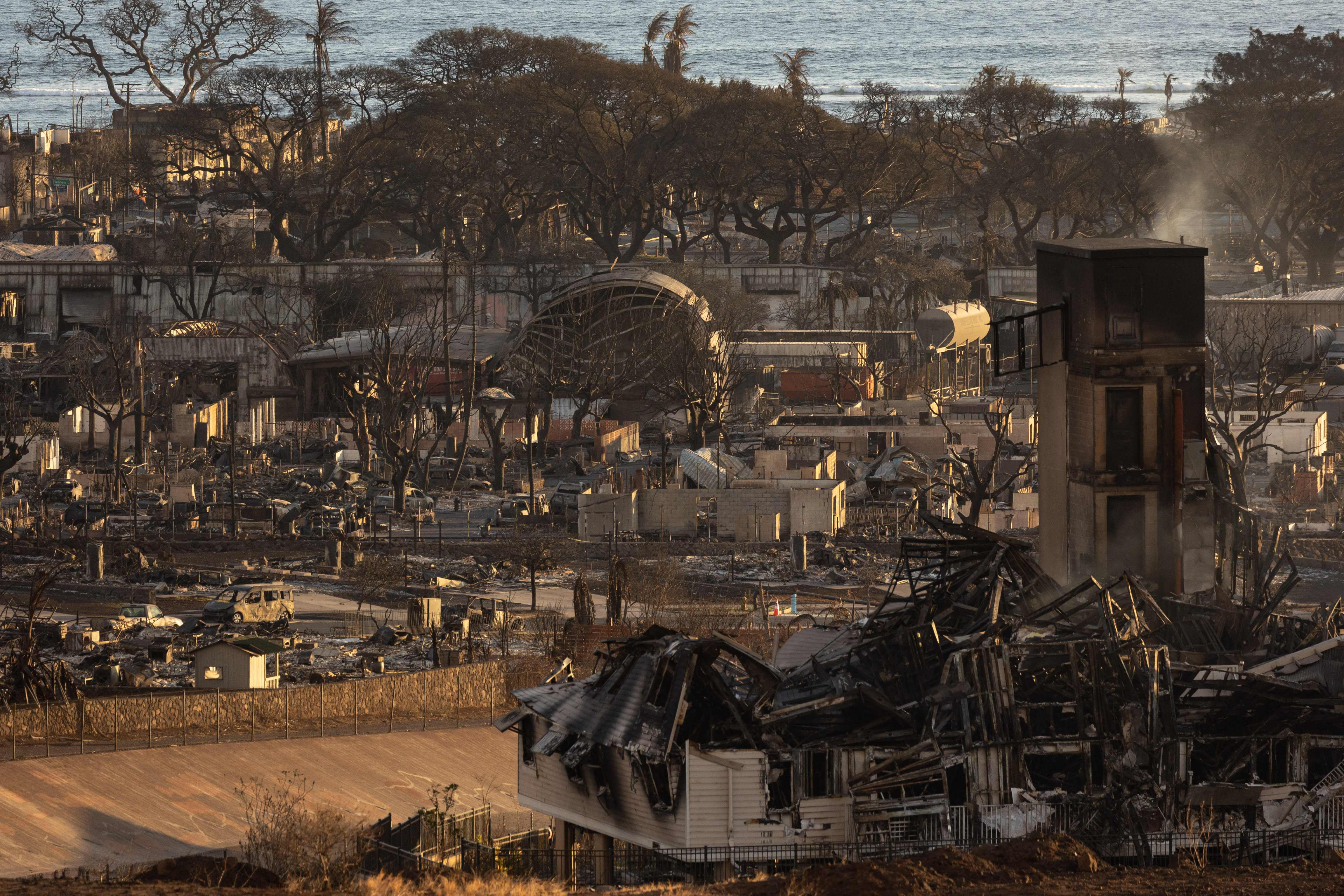 Burned houses and buildings are pictured in the aftermath of a wildfire, as seen in Lahaina, western Maui, Hawaii