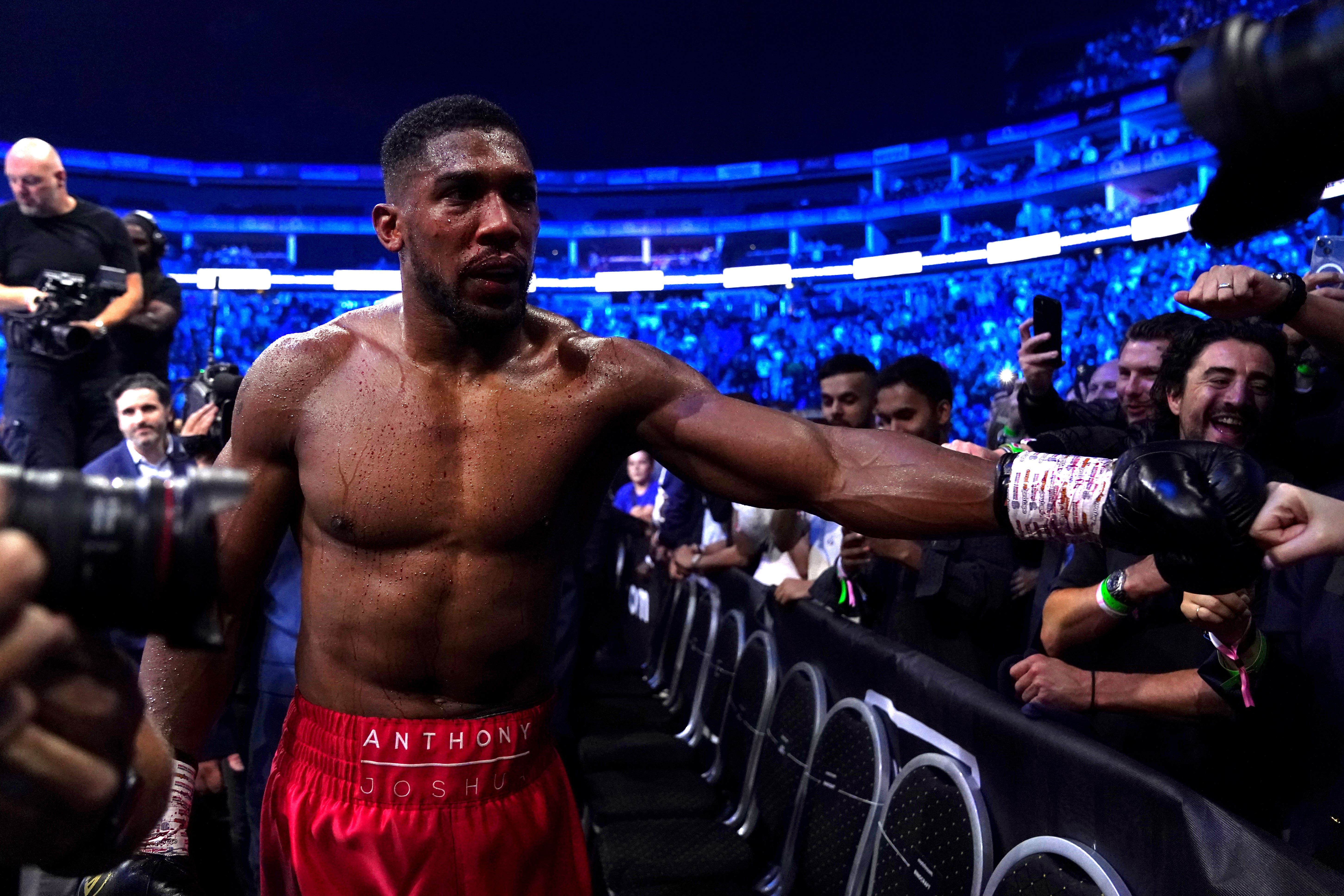 Anthony Joshua celebrates victory over Robert Helenius at London’s O2 Arena (Nick Potts/PA)